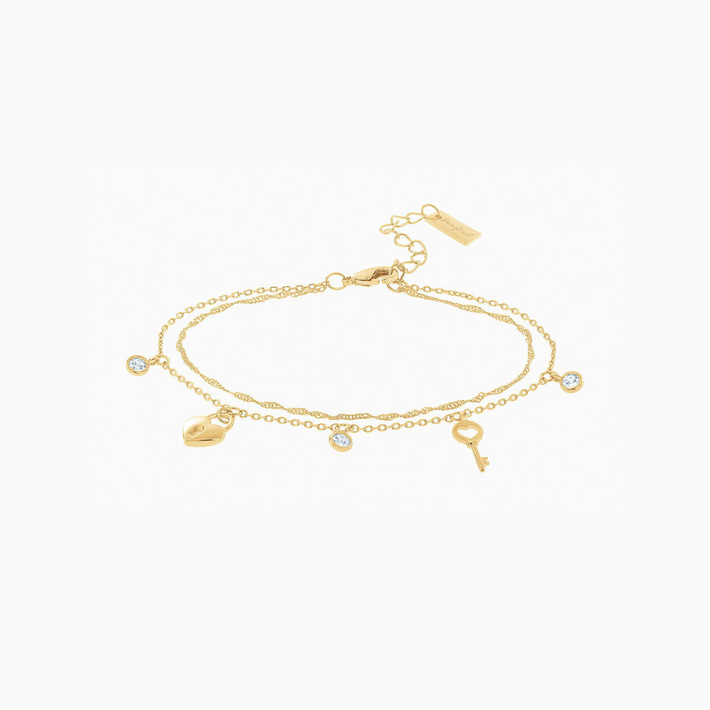 Luna Key and Lock Double Chain Bracelet 14k Gold Plated Daily Wear