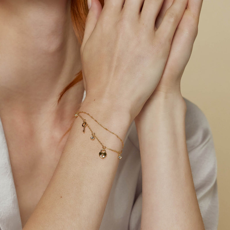 Luna Key and Lock Double Chain Bracelet 14k Gold Plated Daily Wear