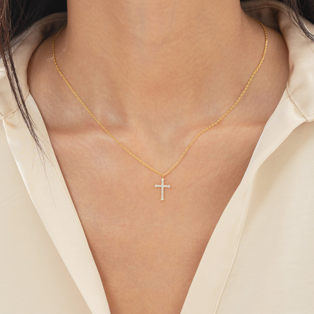 Lisette Crystal Cross Pointed Necklace 14k Gold Plated Faith
