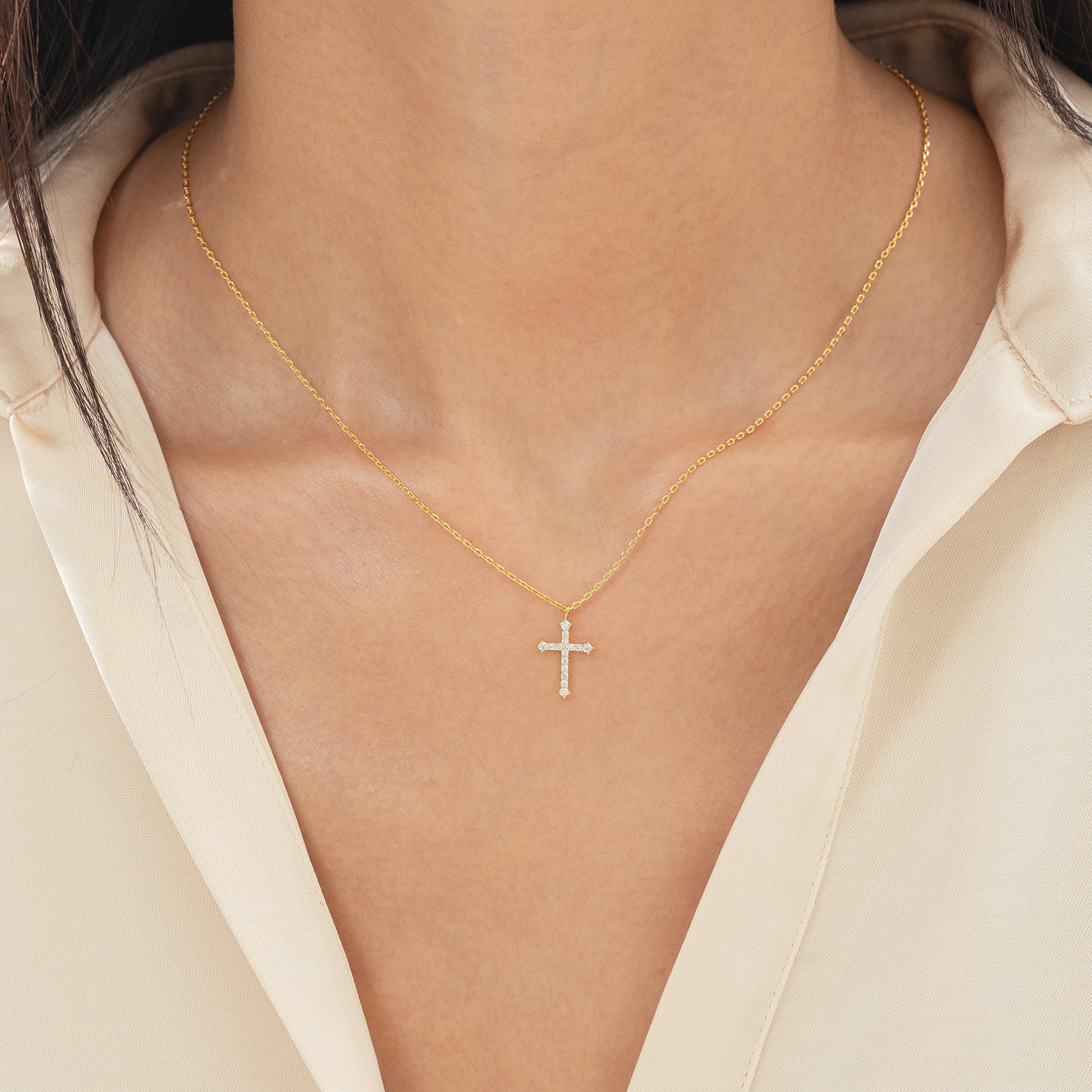 Lisette Crystal Cross Pointed Necklace 14k Gold Plated Faith