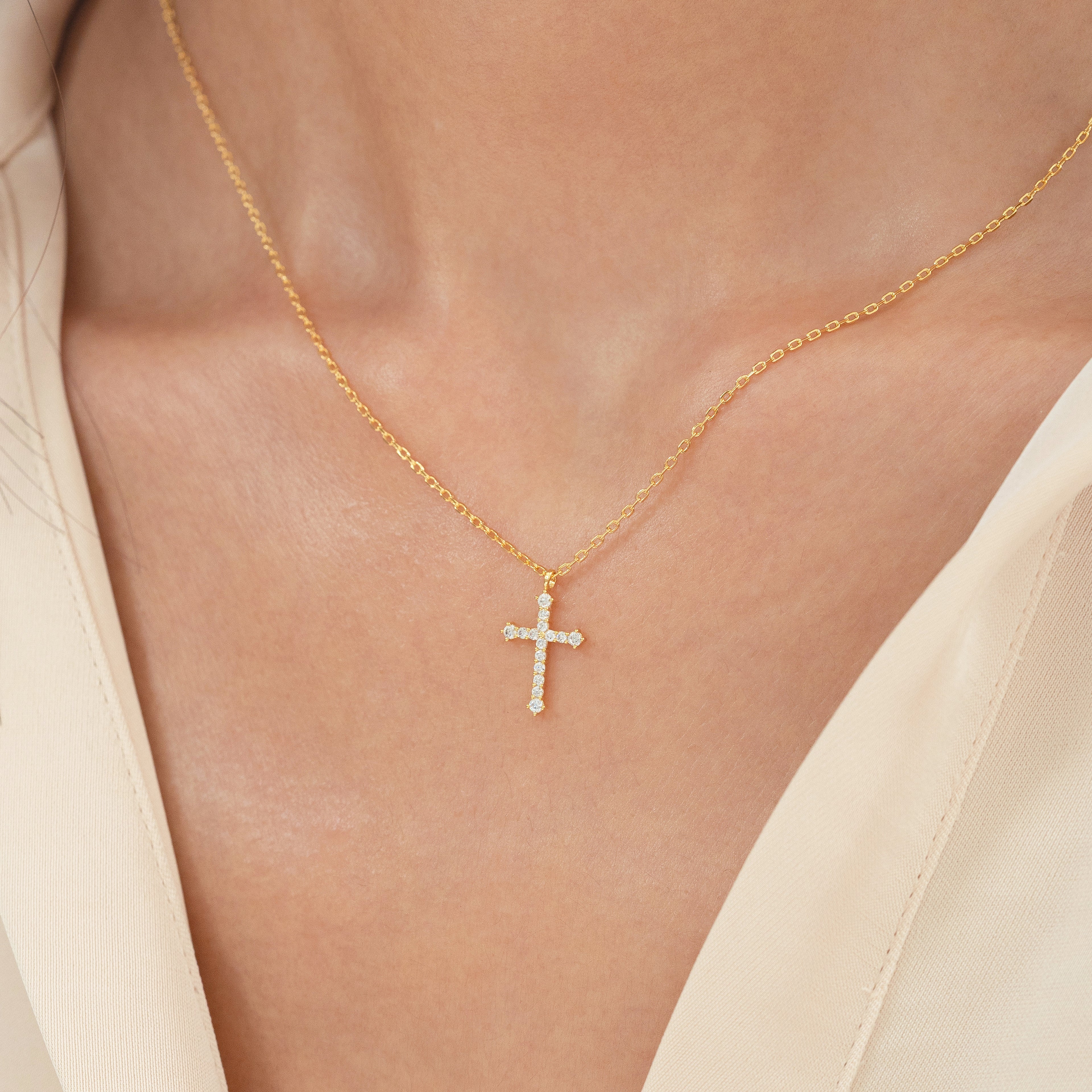 Lisette Crystal Cross Pointed Necklace 14k Gold Plated Faith