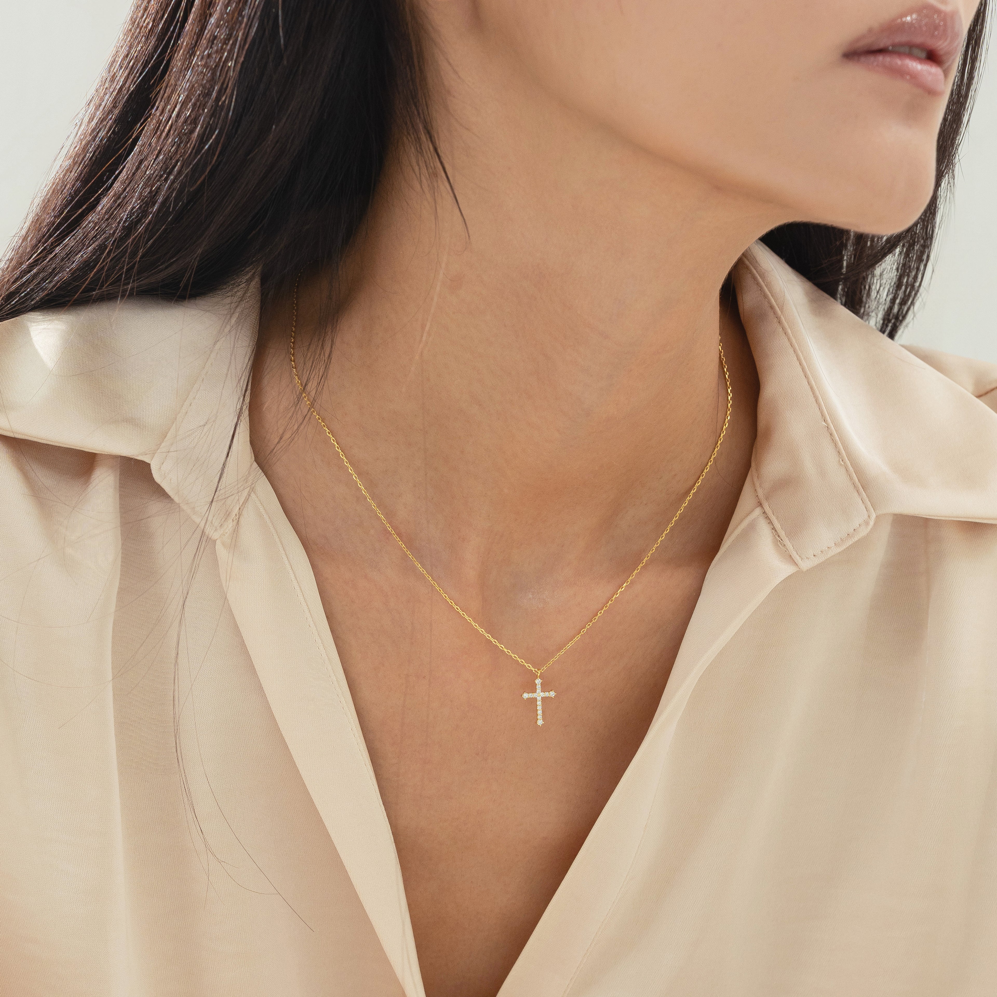 Lisette Crystal Cross Pointed Necklace 14k Gold Plated Faith