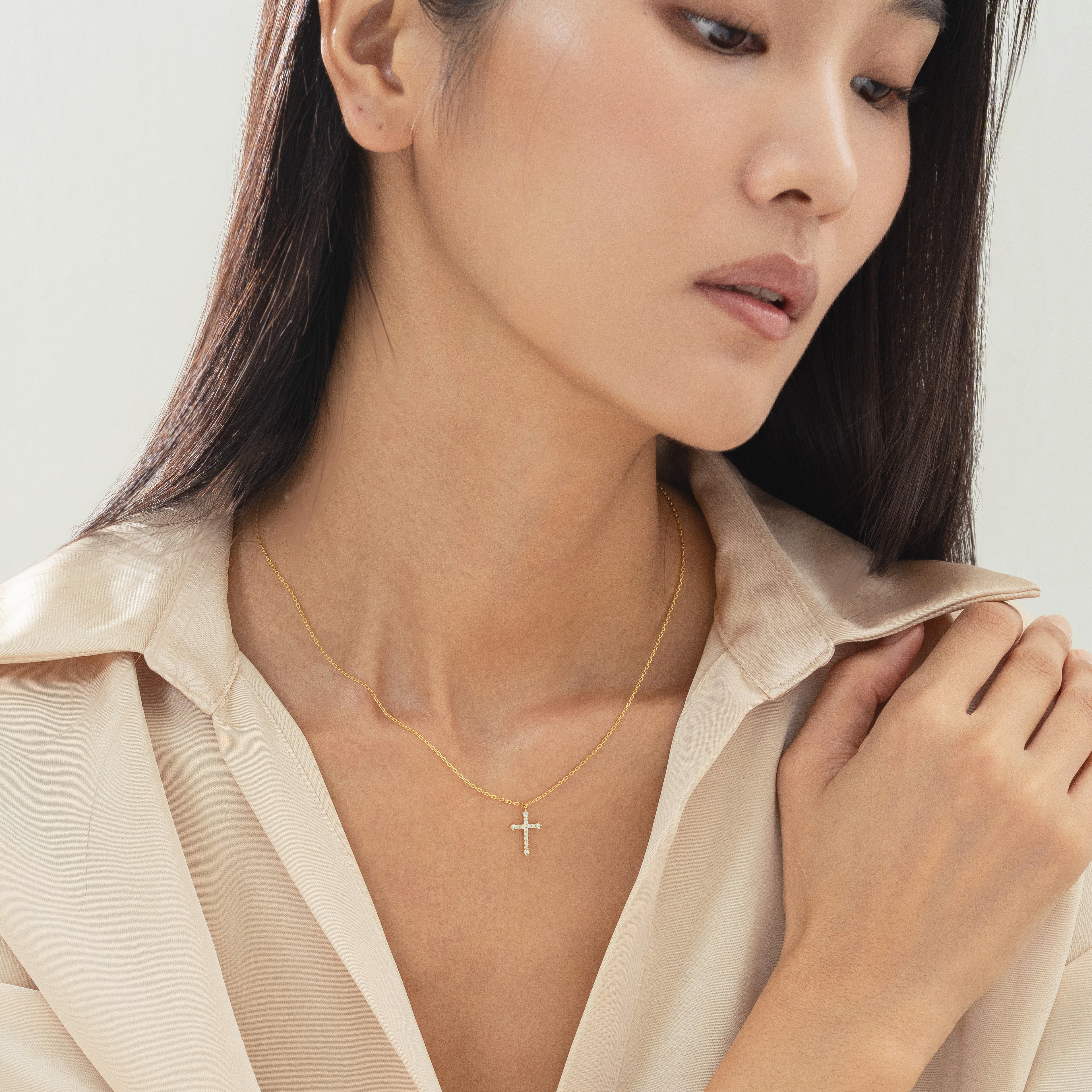 Lisette Crystal Cross Pointed Necklace 14k Gold Plated Faith
