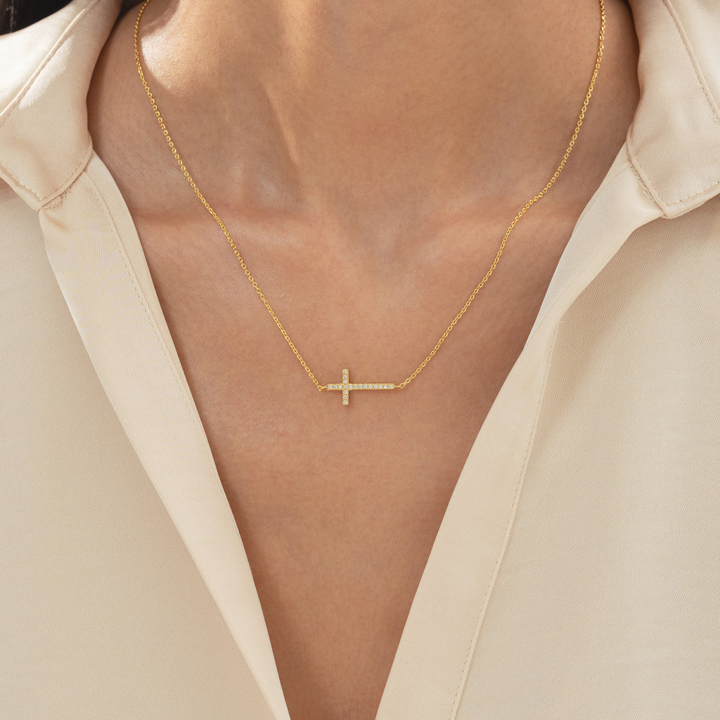 Elowen Horizontal Crystal Cross Necklace 14k Gold Plated Everyday Look