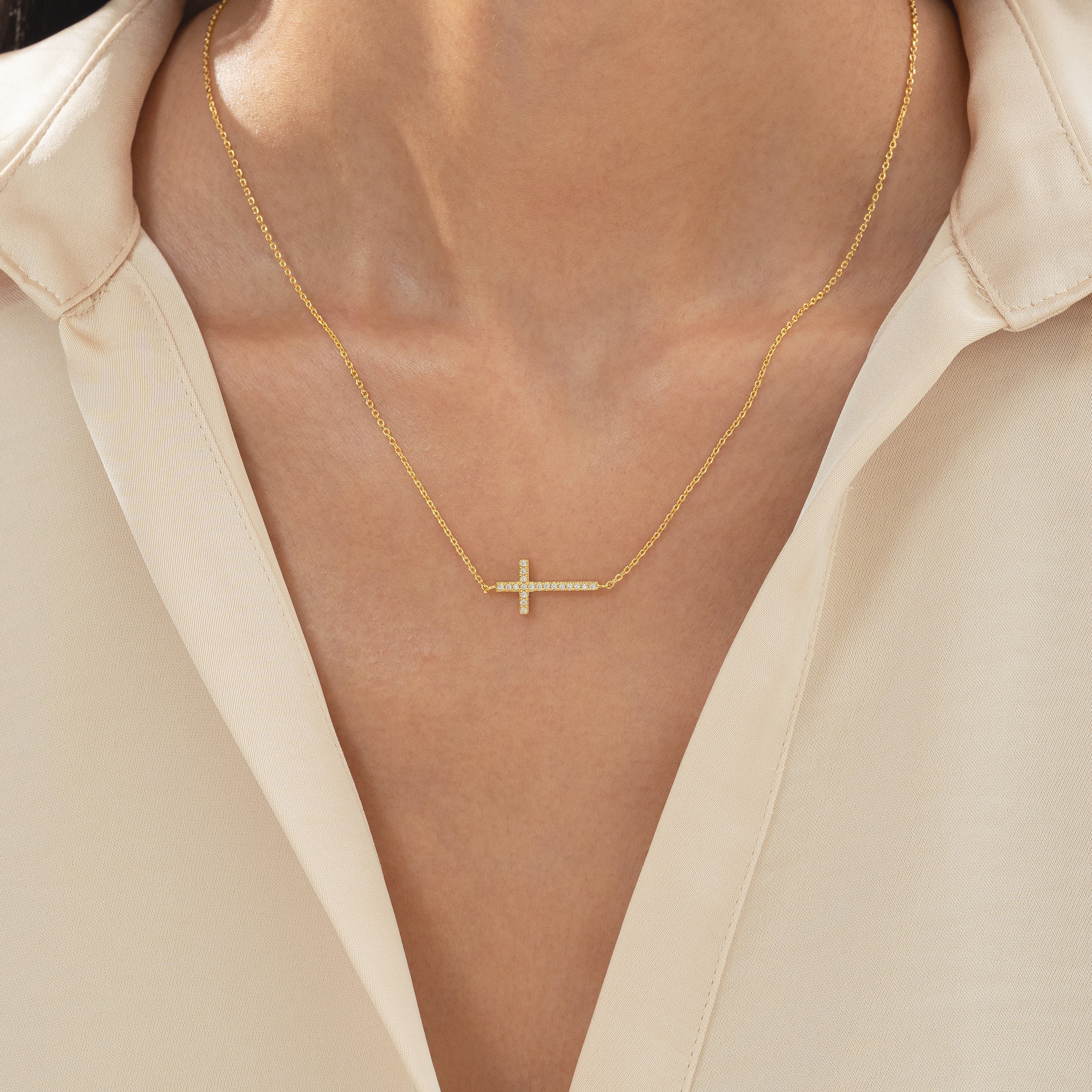 Elowen Horizontal Crystal Cross Necklace 14k Gold Plated Everyday Look