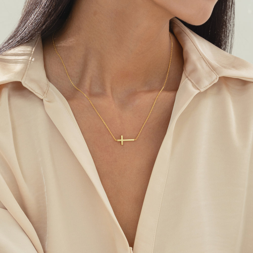 Elowen Horizontal Crystal Cross Necklace 14k Gold Plated Everyday Look