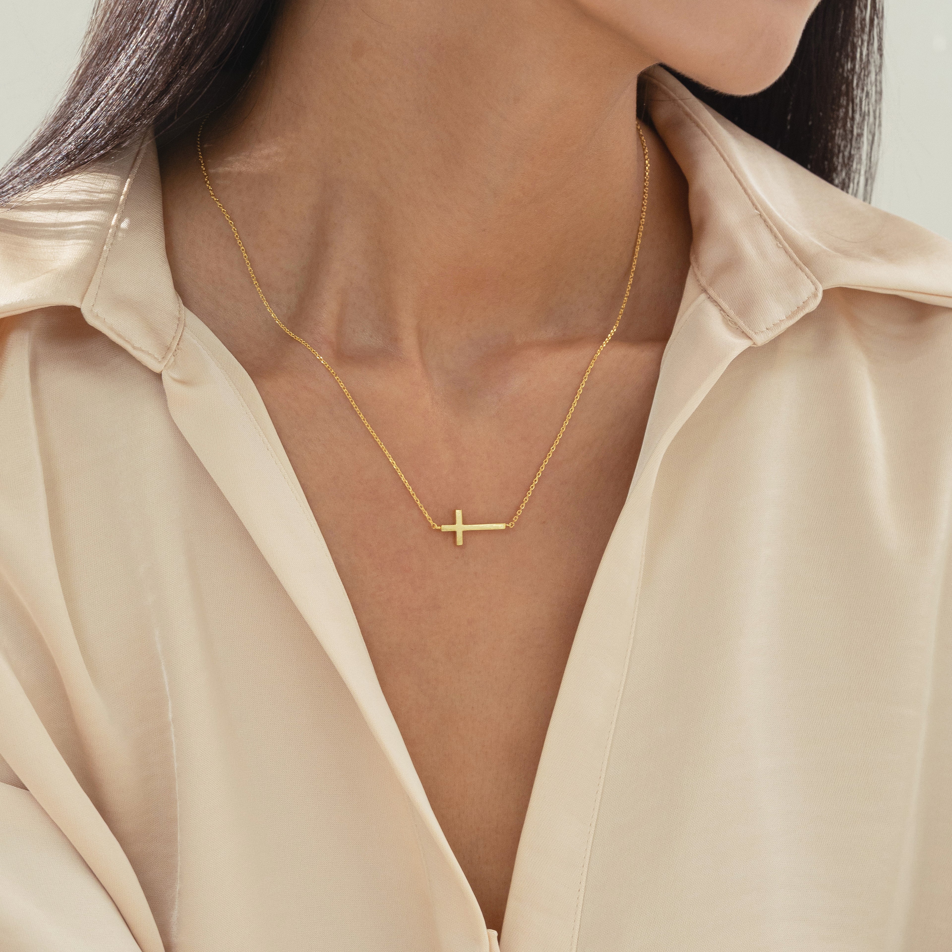 Elowen Horizontal Crystal Cross Necklace 14k Gold Plated Everyday Look
