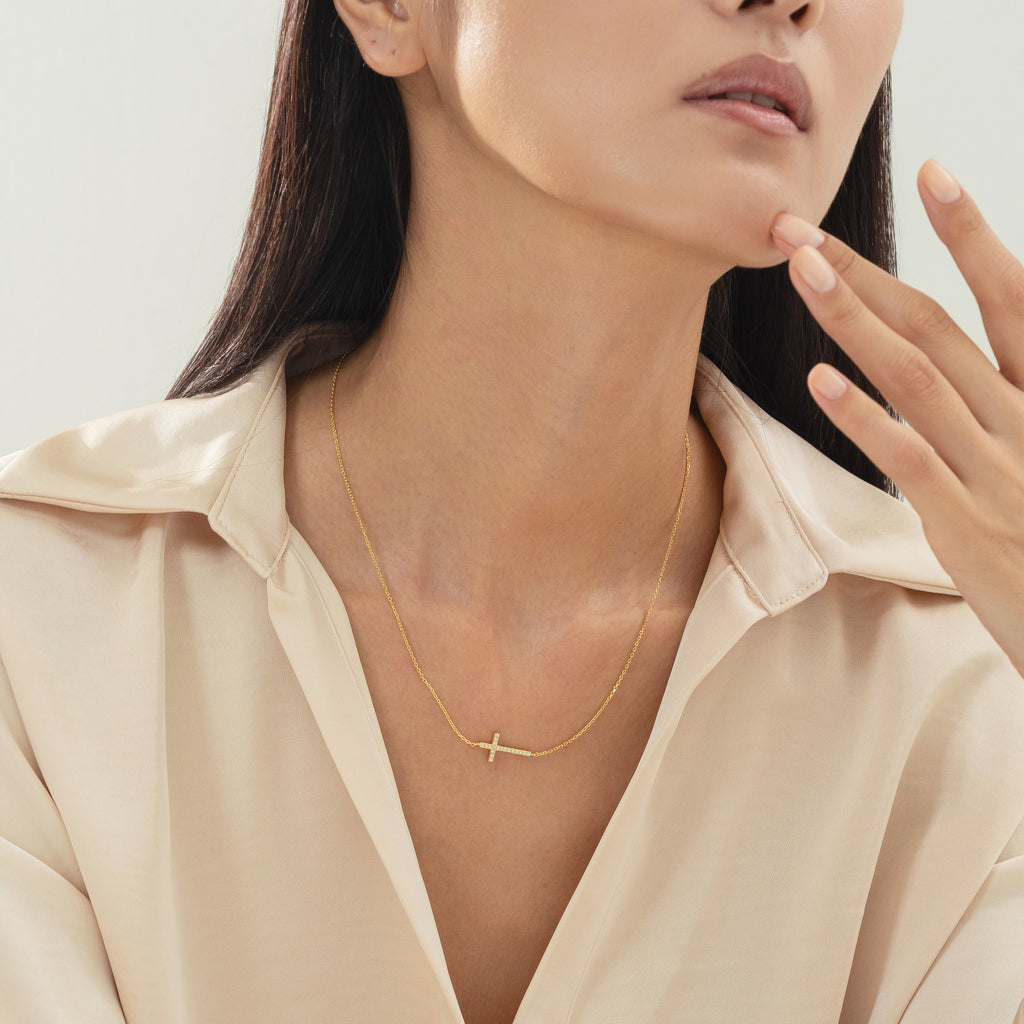 Elowen Horizontal Crystal Cross Necklace 14k Gold Plated Everyday Look