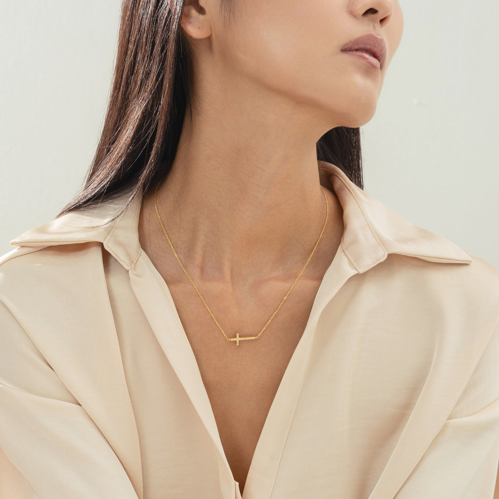 Elowen Horizontal Crystal Cross Necklace 14k Gold Plated Everyday Look