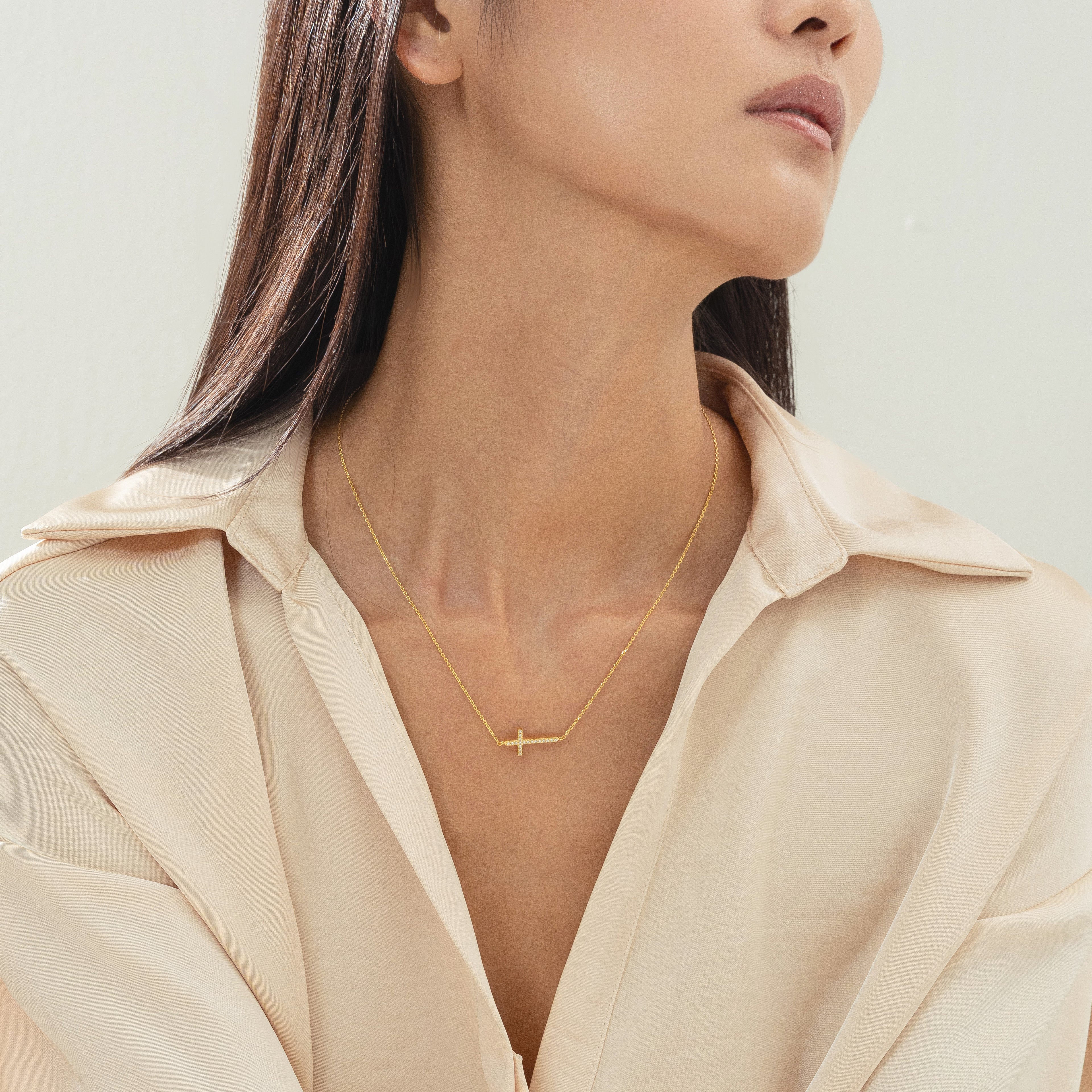 Elowen Horizontal Crystal Cross Necklace 14k Gold Plated Everyday Look
