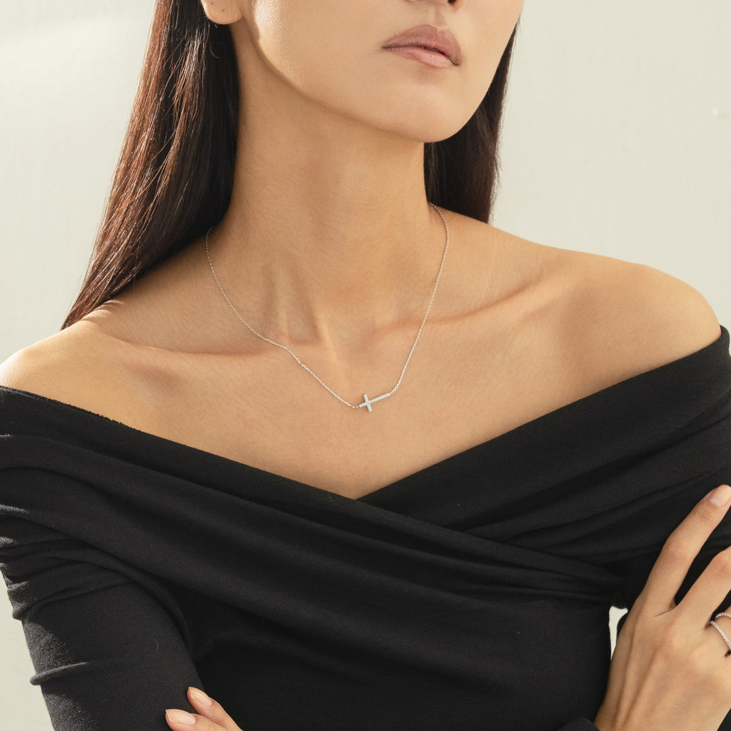 Elowen Horizontal Crystal Cross Necklace 14k Gold Plated Everyday Look