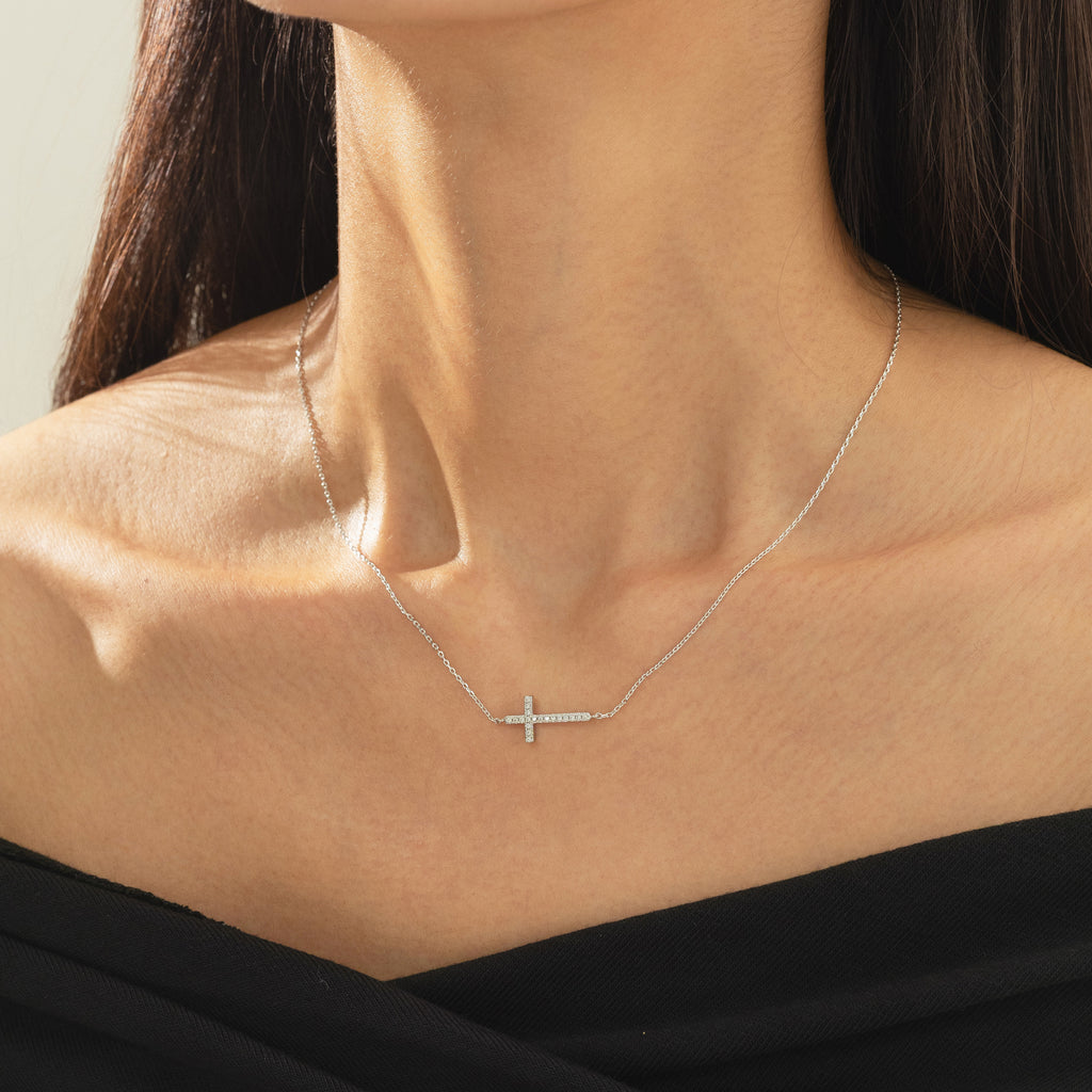 Elowen Horizontal Crystal Cross Necklace 14k Gold Plated Everyday Look