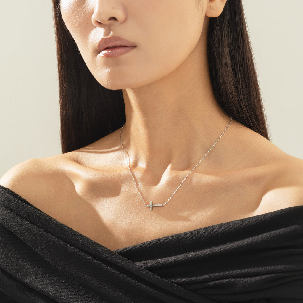 Elowen Horizontal Crystal Cross Necklace 14k Gold Plated Everyday Look