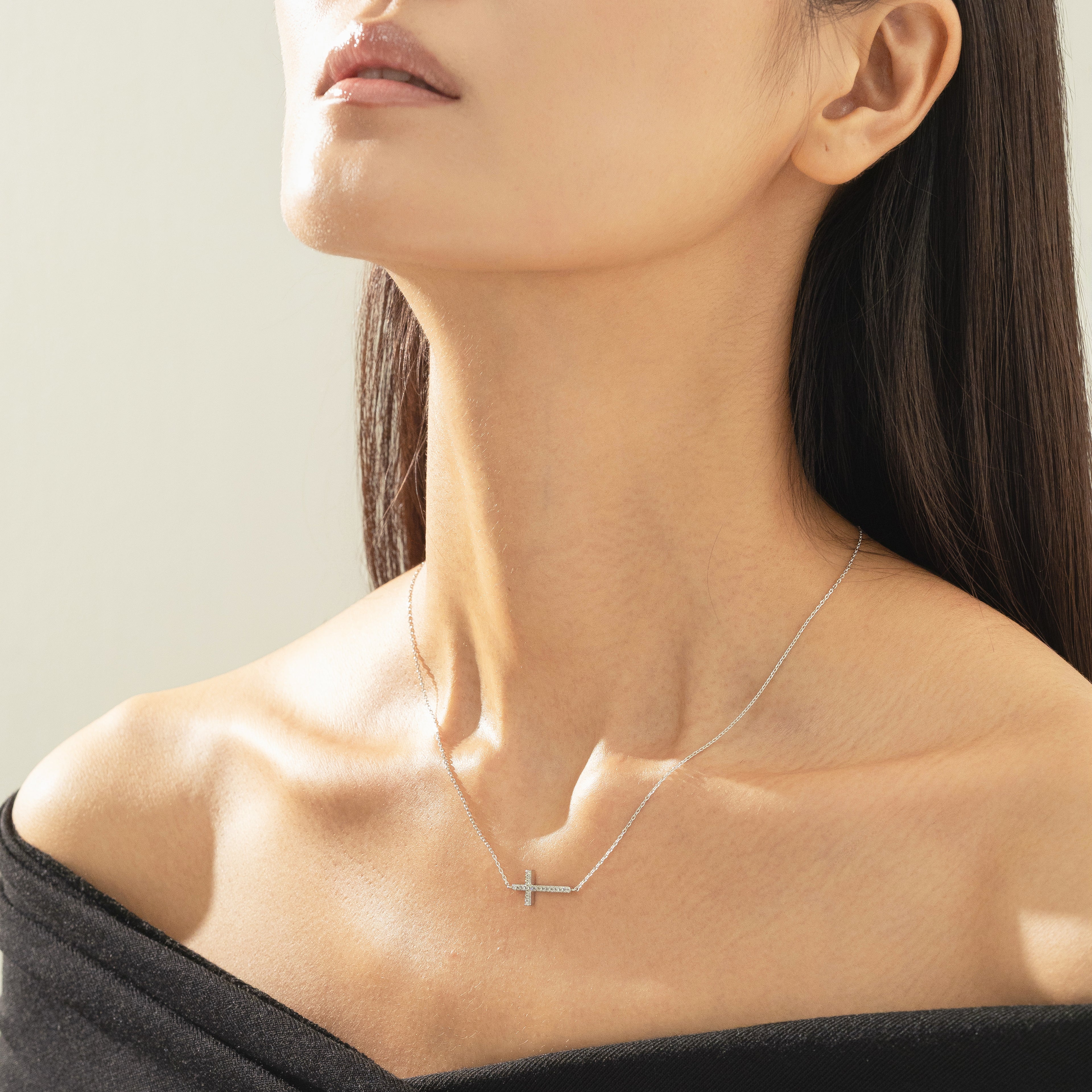 Elowen Horizontal Crystal Cross Necklace 14k Gold Plated Everyday Look