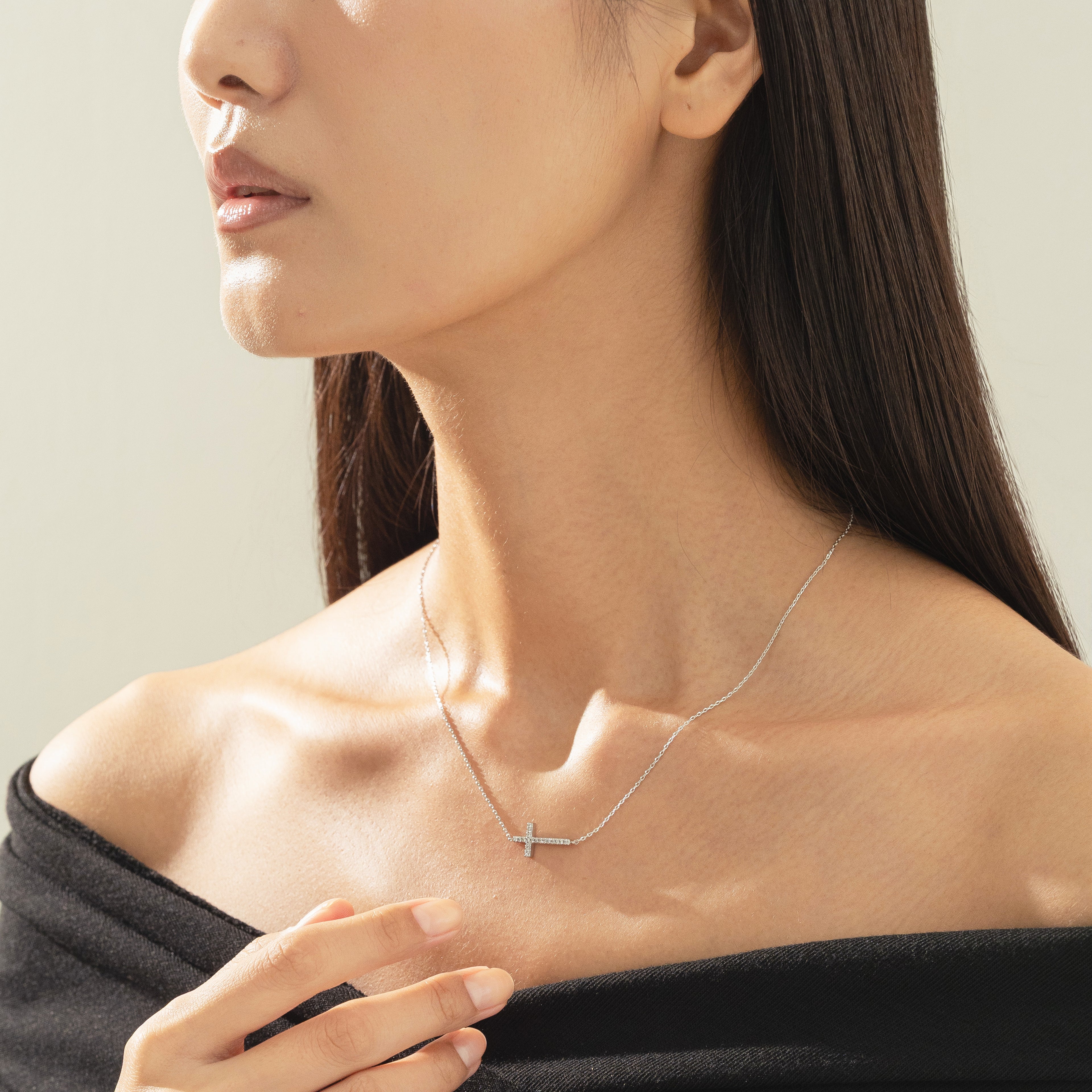 Elowen Horizontal Crystal Cross Necklace 14k Gold Plated Everyday Look