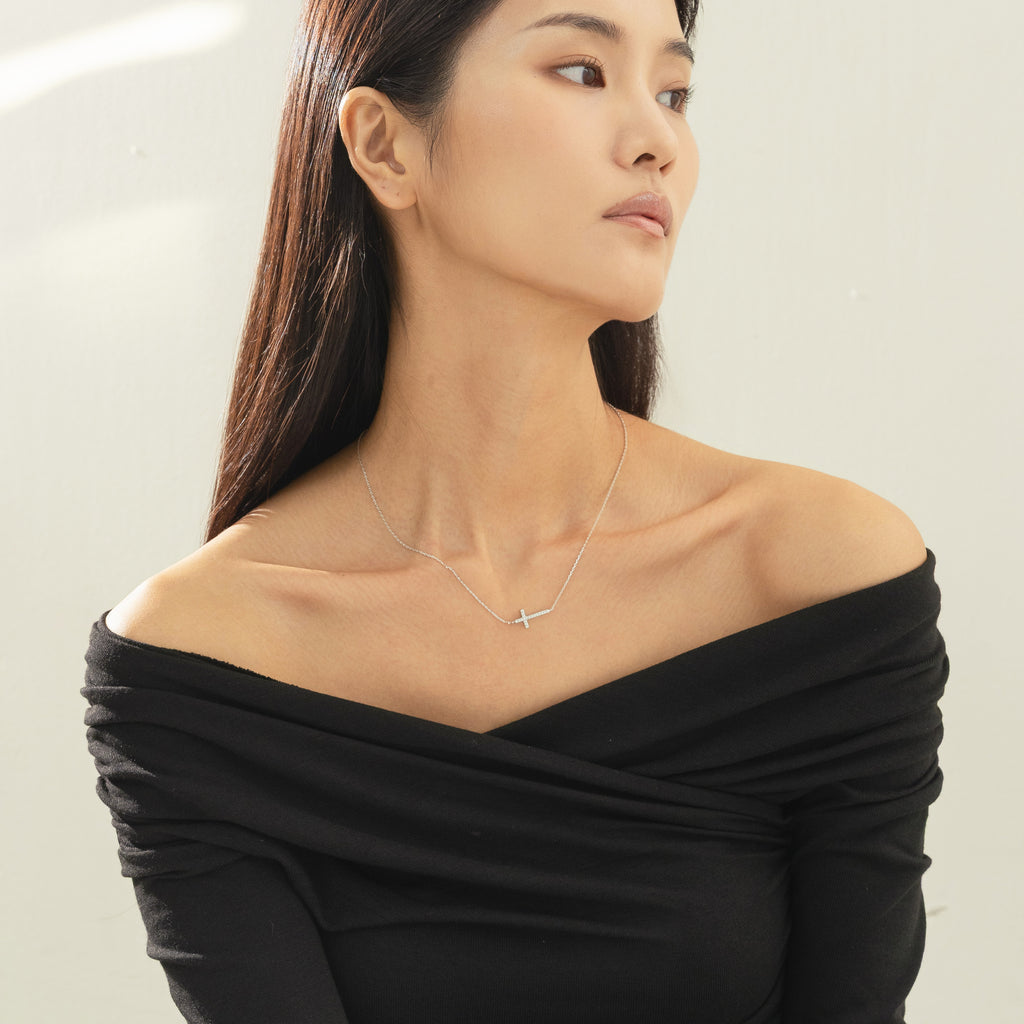 Elowen Horizontal Crystal Cross Necklace 14k Gold Plated Everyday Look