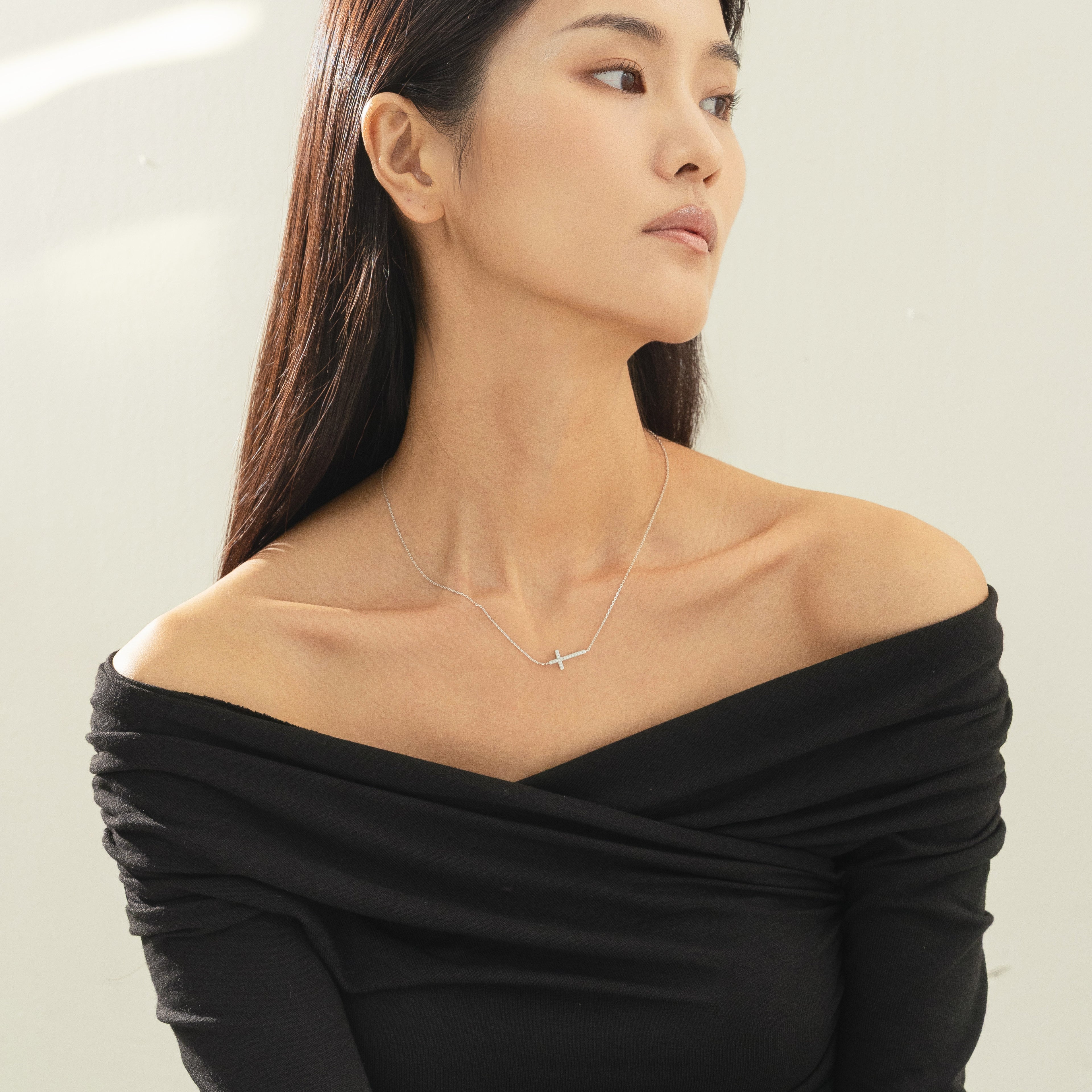 Elowen Horizontal Crystal Cross Necklace 14k Gold Plated Everyday Look