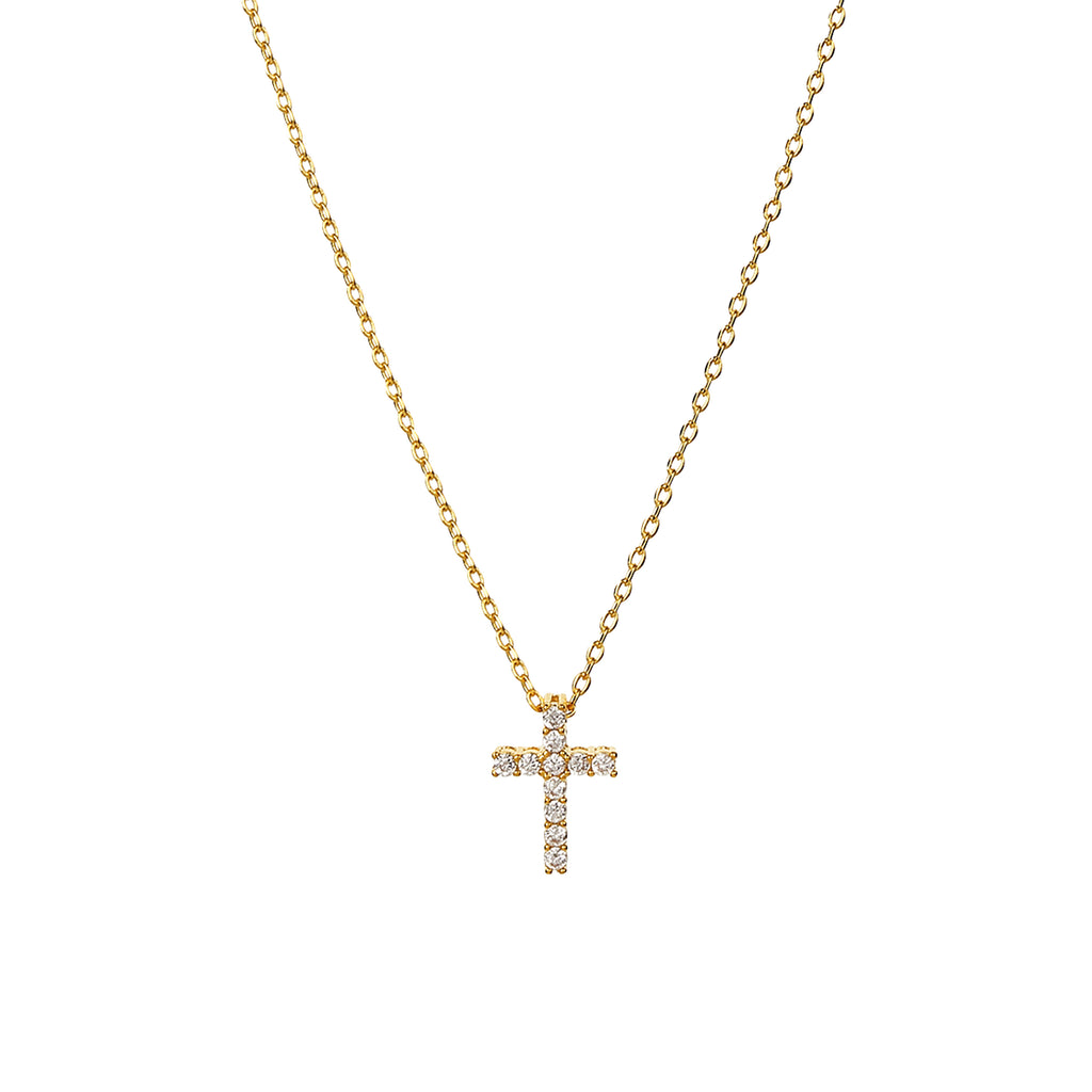 Aveline Crystal Cross Necklace 14k Gold Plated Minimal Style