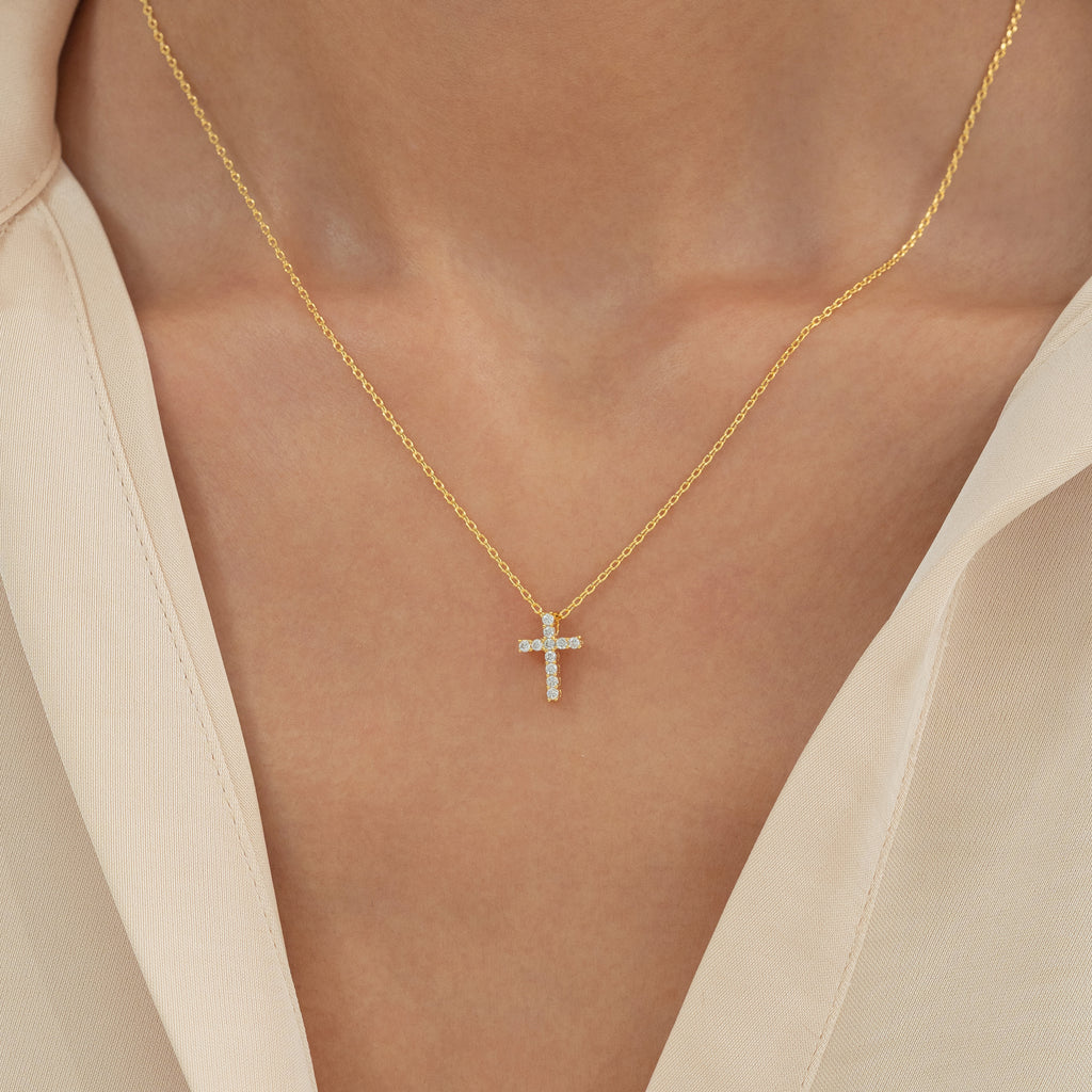 Aveline Crystal Cross Necklace 14k Gold Plated Minimal Style
