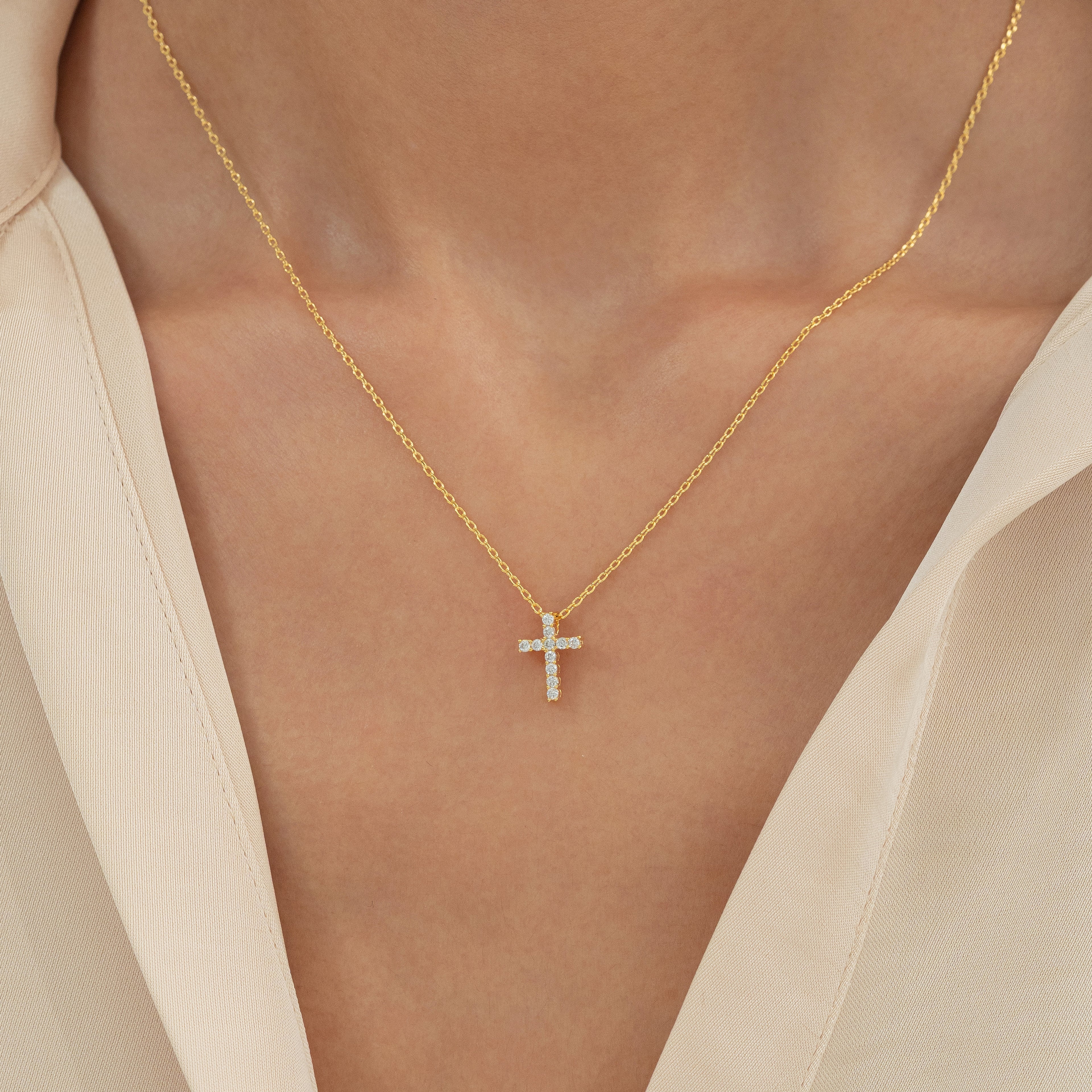 Aveline Crystal Cross Necklace 14k Gold Plated Minimal Style