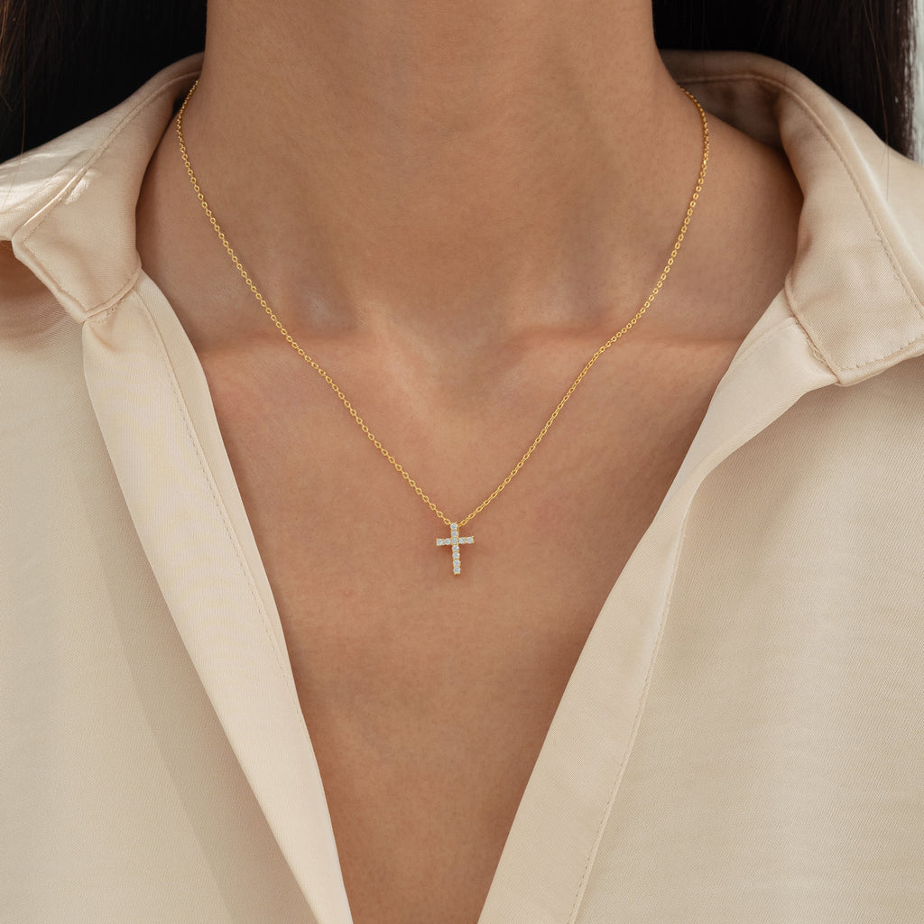 Aveline Crystal Cross Necklace 14k Gold Plated Minimal Style