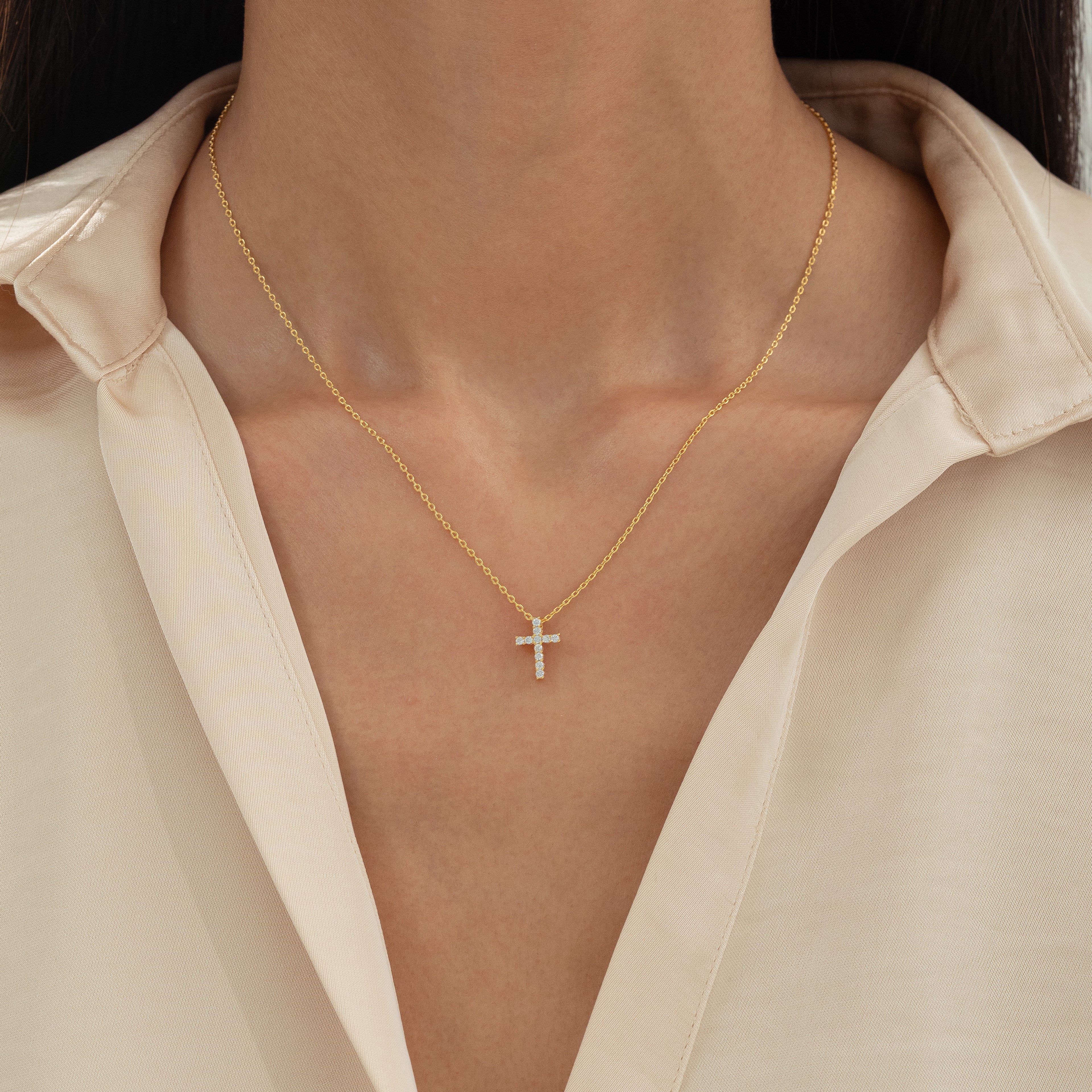 Aveline Crystal Cross Necklace 14k Gold Plated Minimal Style