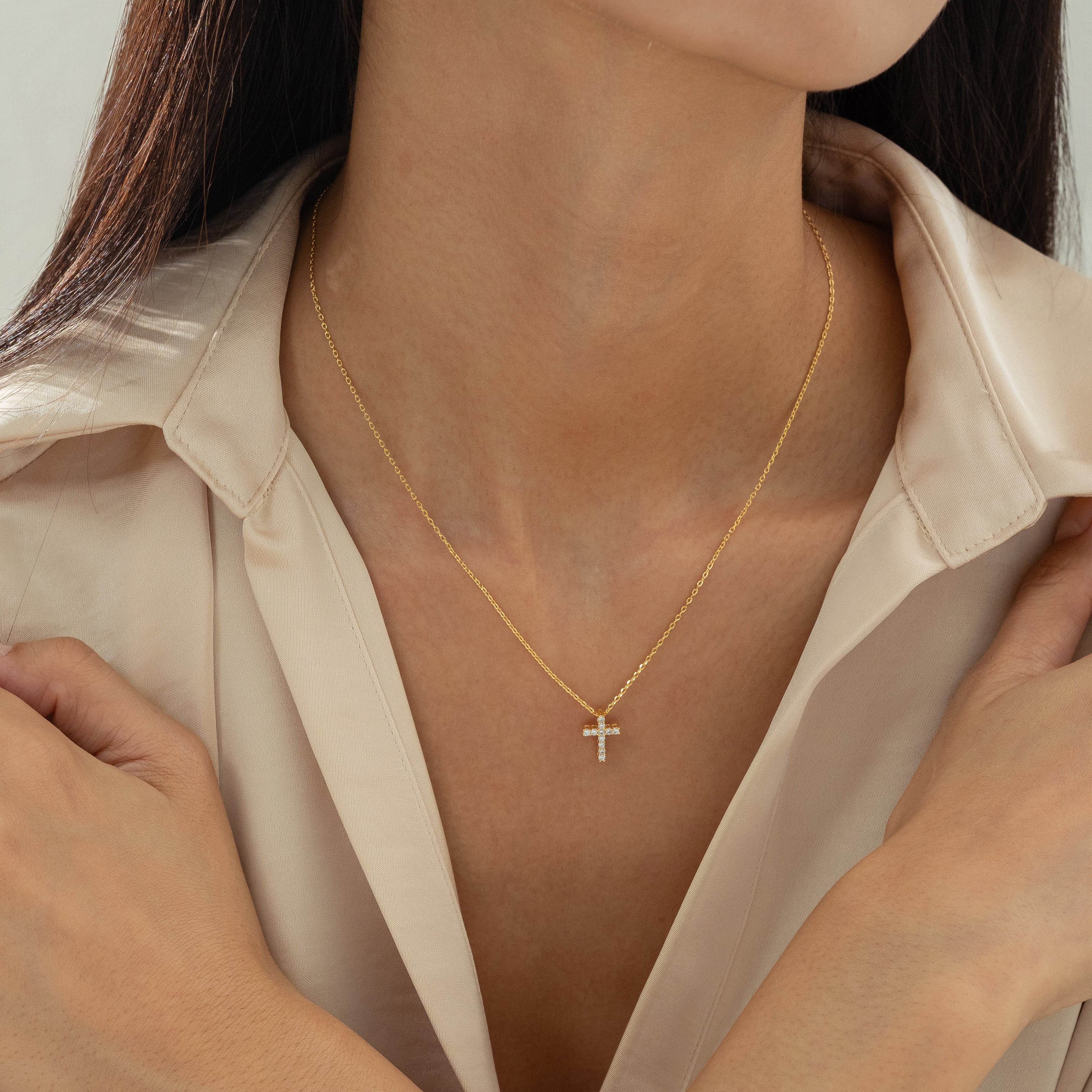 Aveline Crystal Cross Necklace 14k Gold Plated Minimal Style