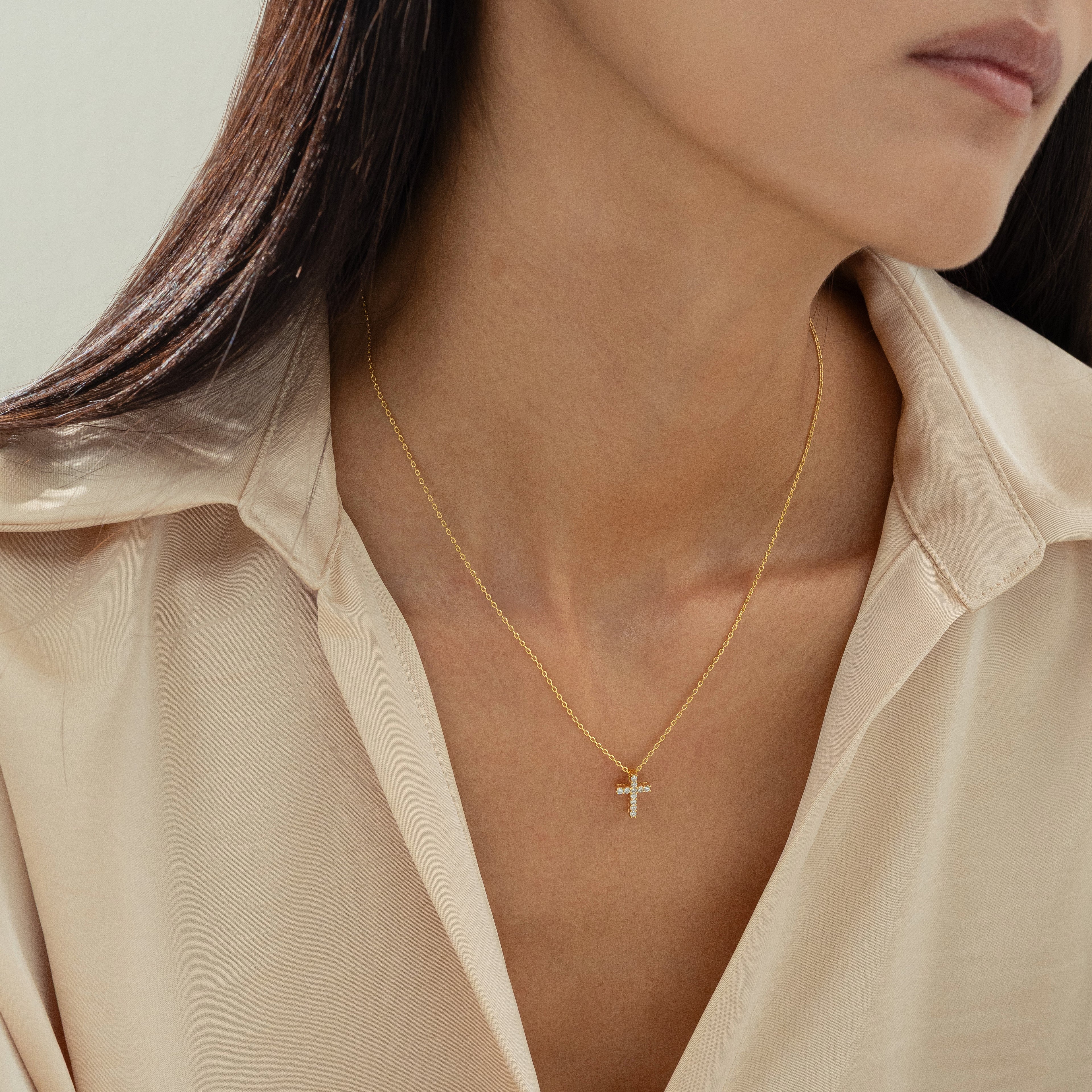 Aveline Crystal Cross Necklace 14k Gold Plated Minimal Style