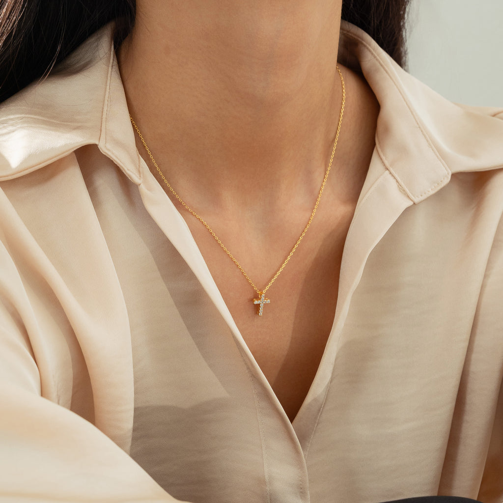 Aveline Crystal Cross Necklace 14k Gold Plated Minimal Style
