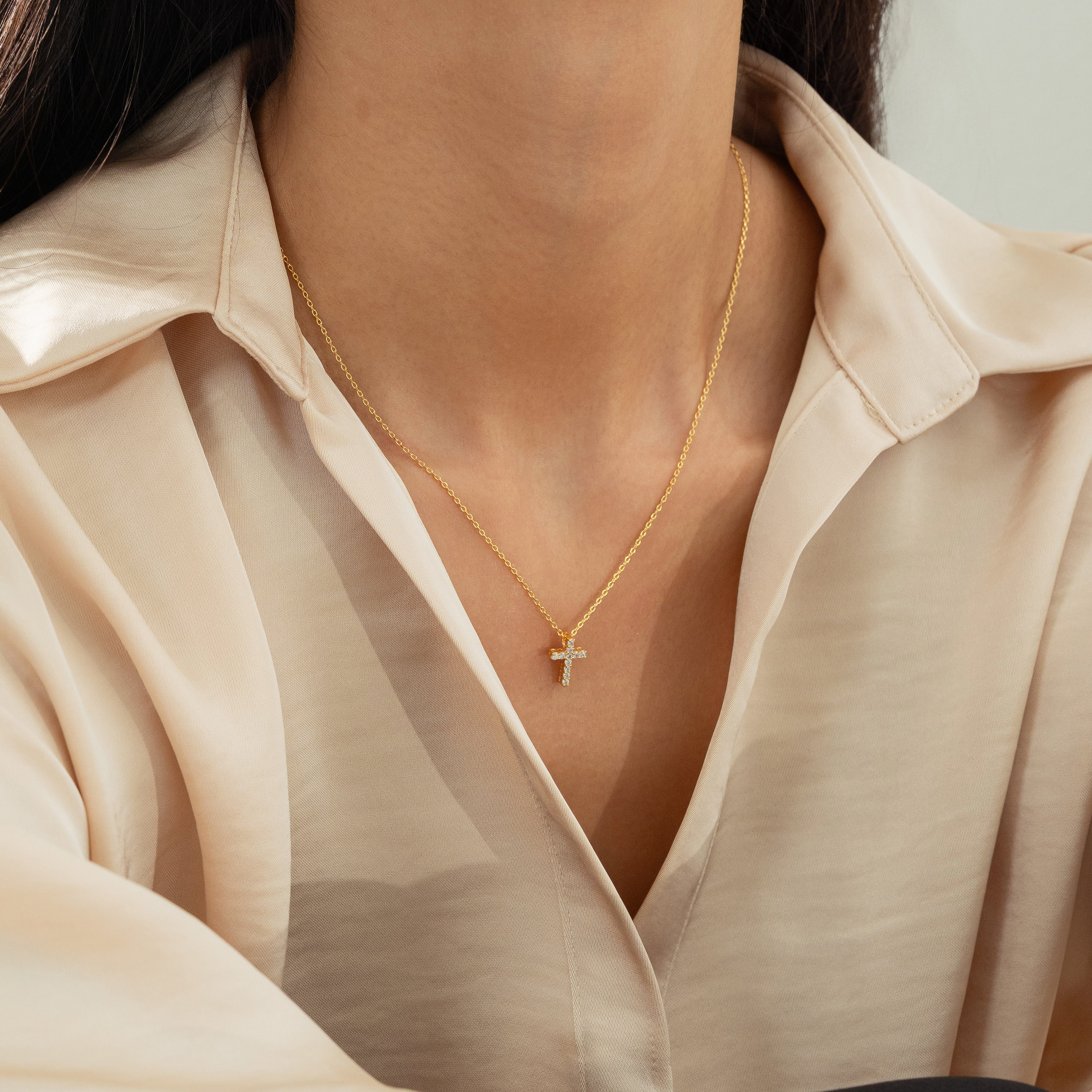 Aveline Crystal Cross Necklace 14k Gold Plated Minimal Style
