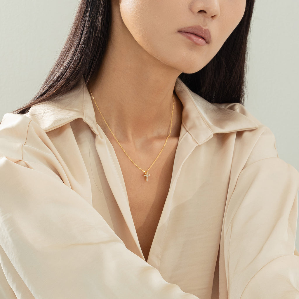 Aveline Crystal Cross Necklace 14k Gold Plated Minimal Style