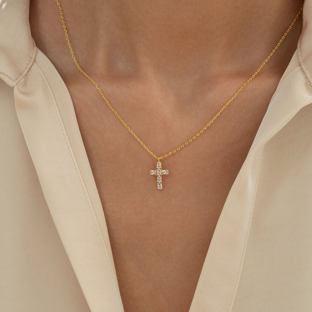 Evelina Crystal Cross Necklace 14k Gold Plated Everyday Style