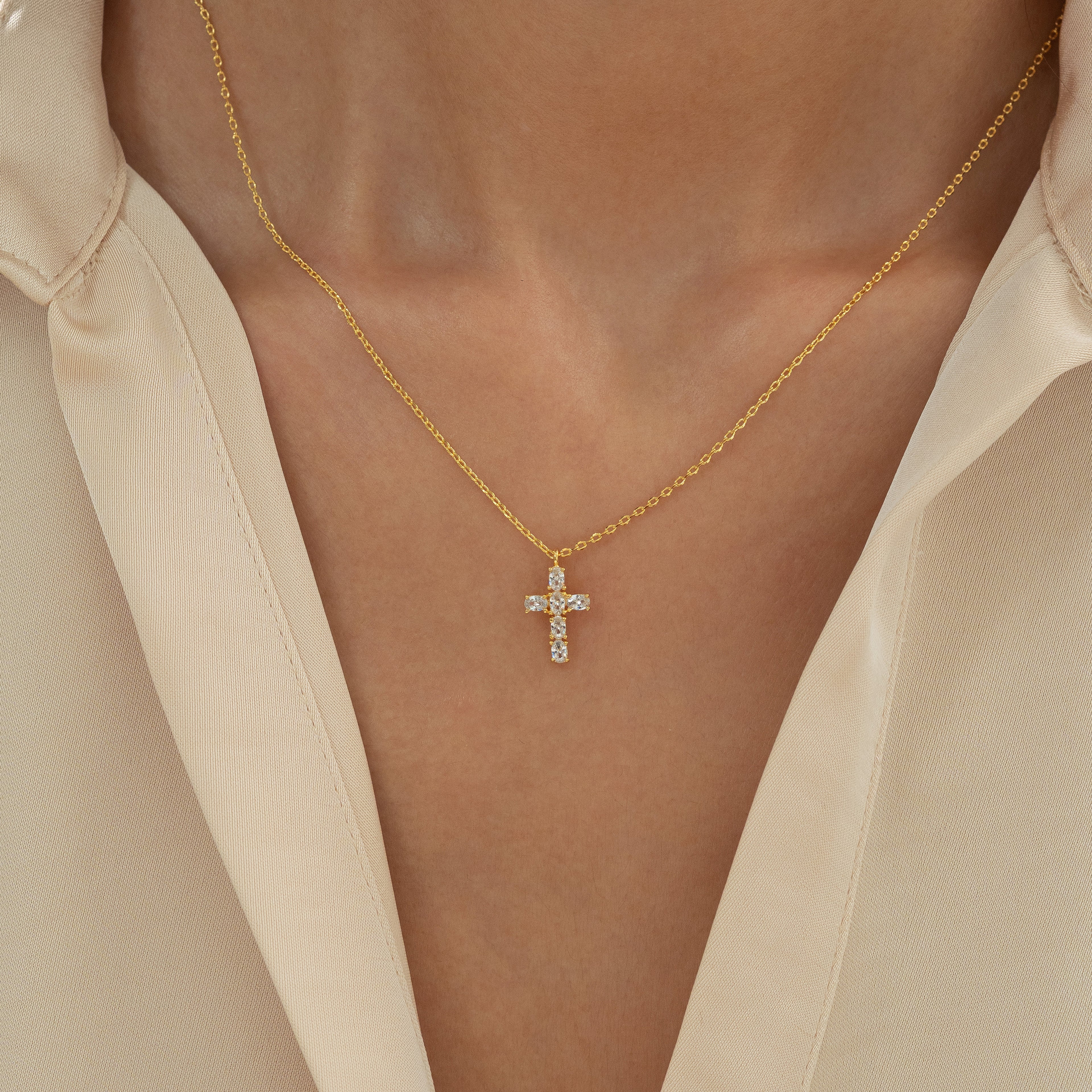 Evelina Crystal Cross Necklace 14k Gold Plated Everyday Style