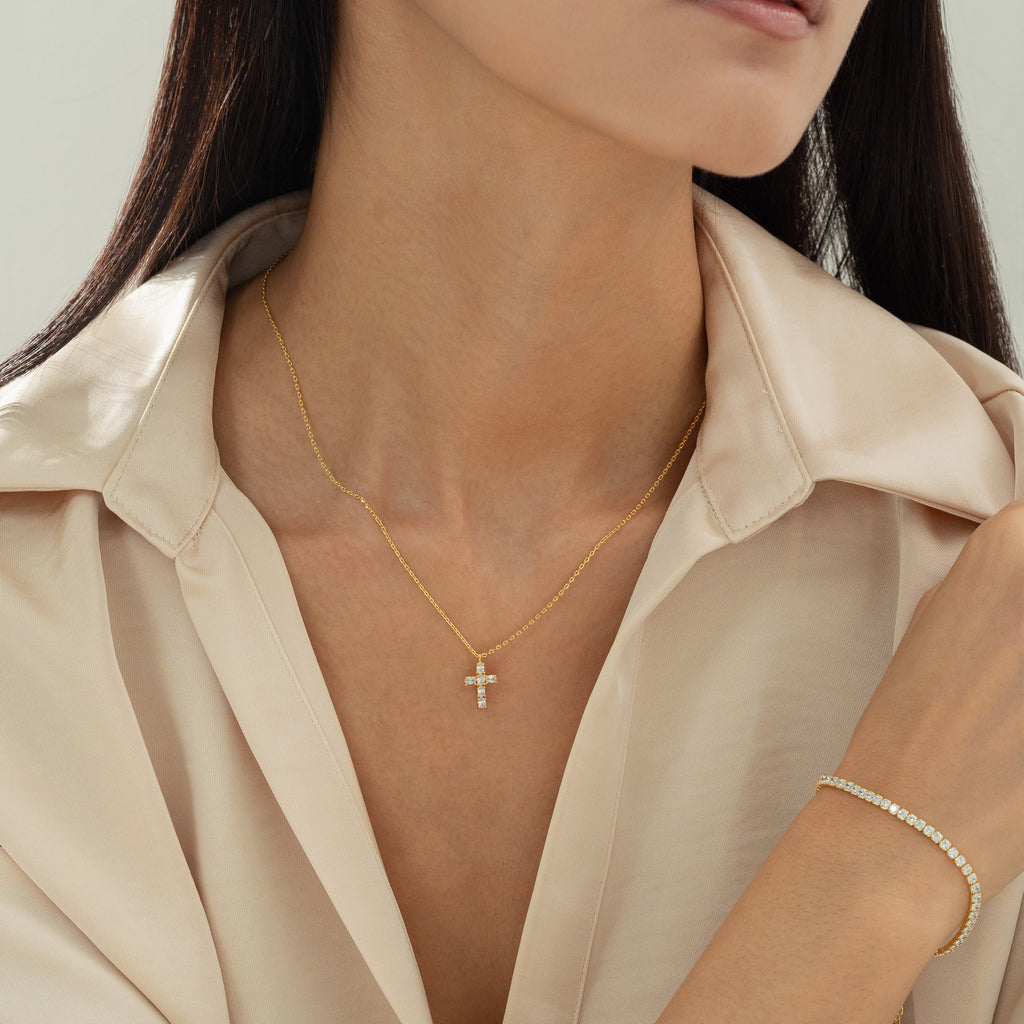 Evelina Crystal Cross Necklace 14k Gold Plated Everyday Style