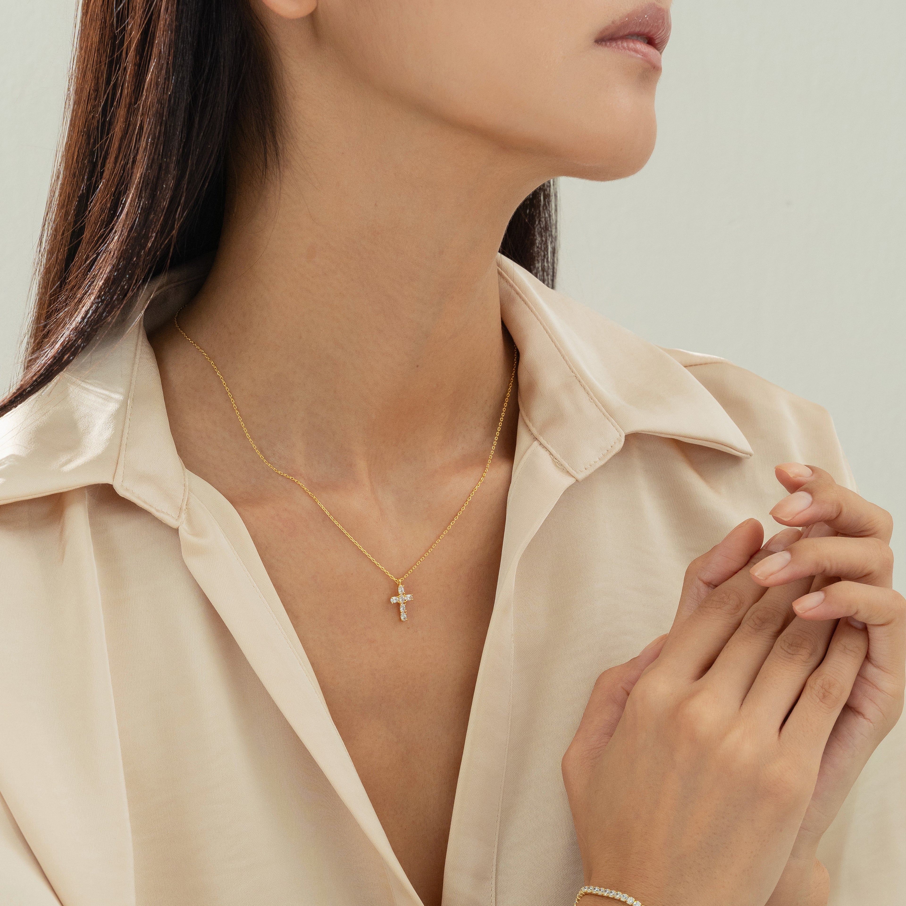 Evelina Crystal Cross Necklace 14k Gold Plated Everyday Style