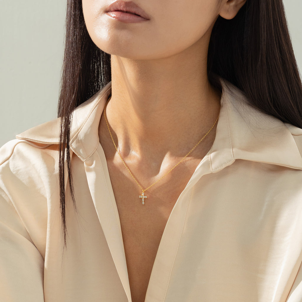Evelina Crystal Cross Necklace 14k Gold Plated Everyday Style