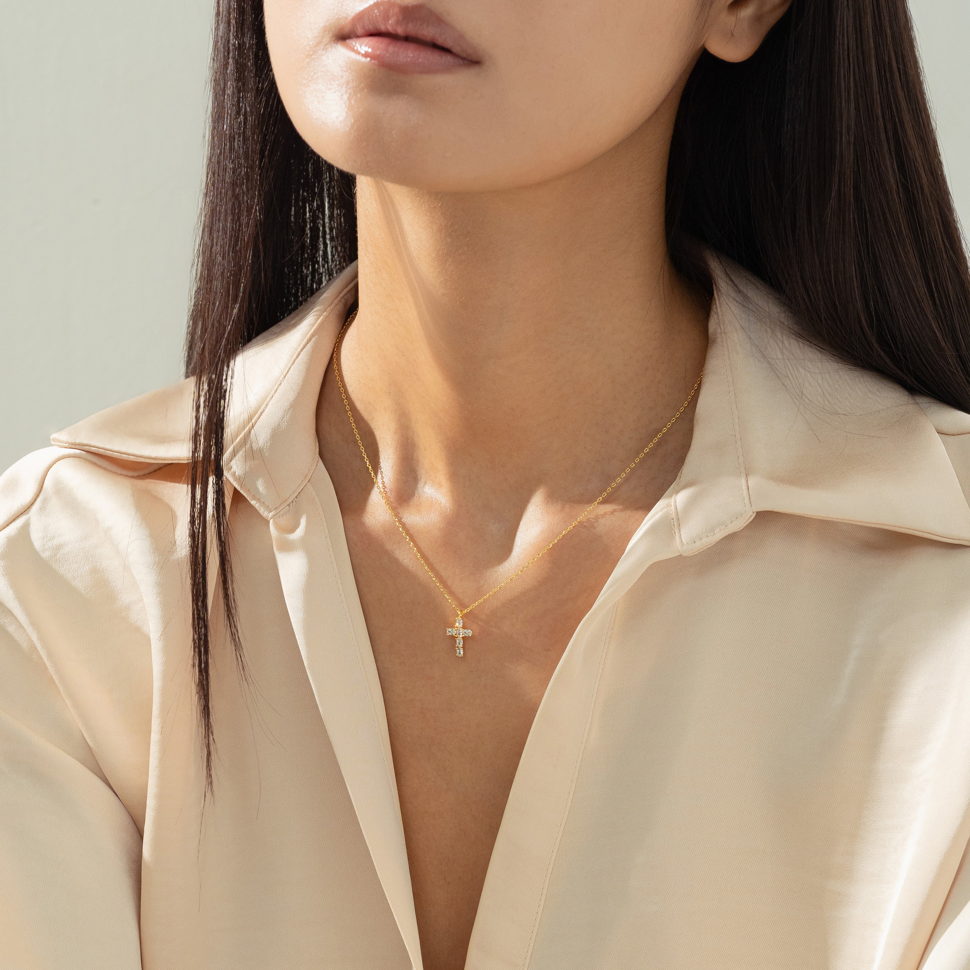 Evelina Crystal Cross Necklace 14k Gold Plated Everyday Style