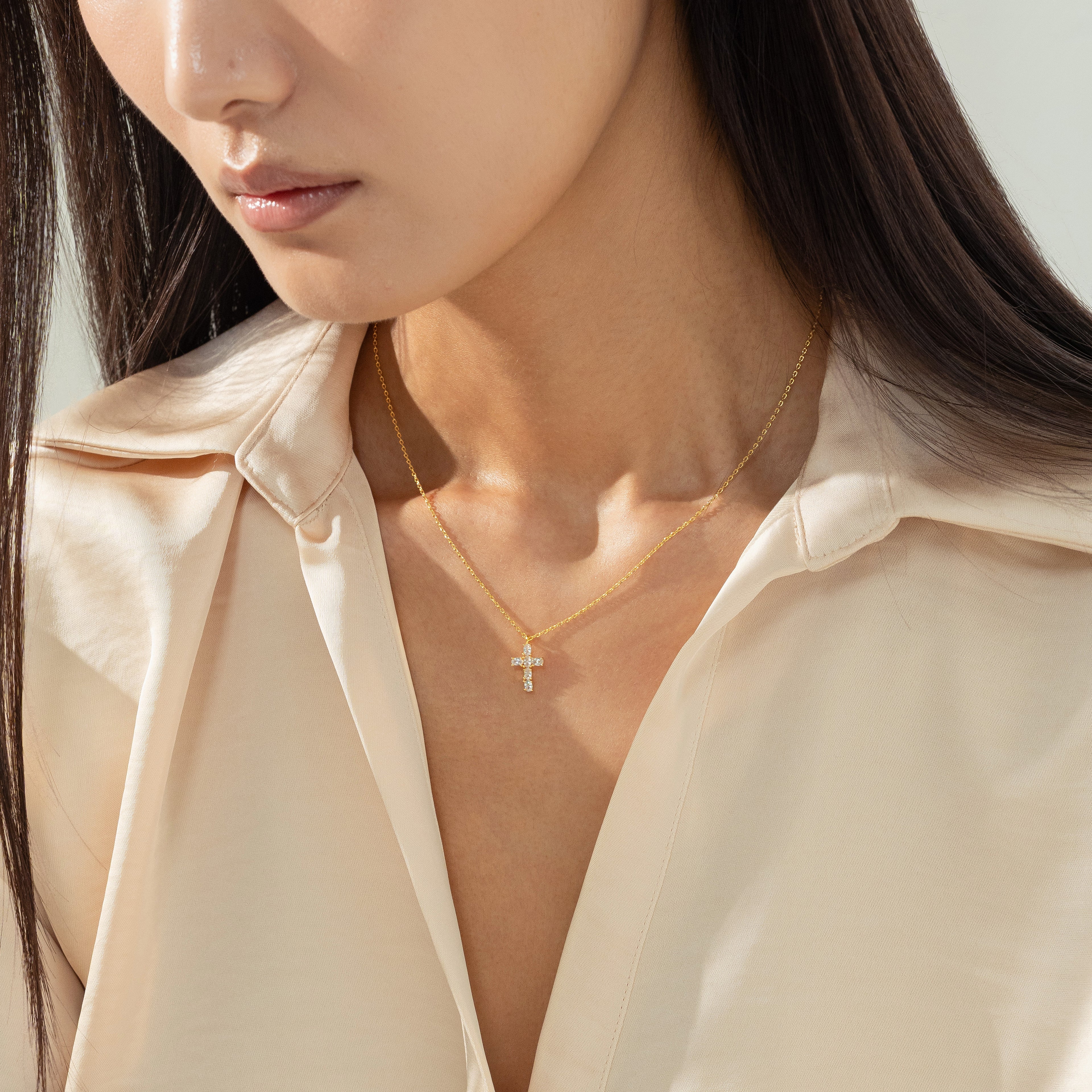 Evelina Crystal Cross Necklace 14k Gold Plated Everyday Style