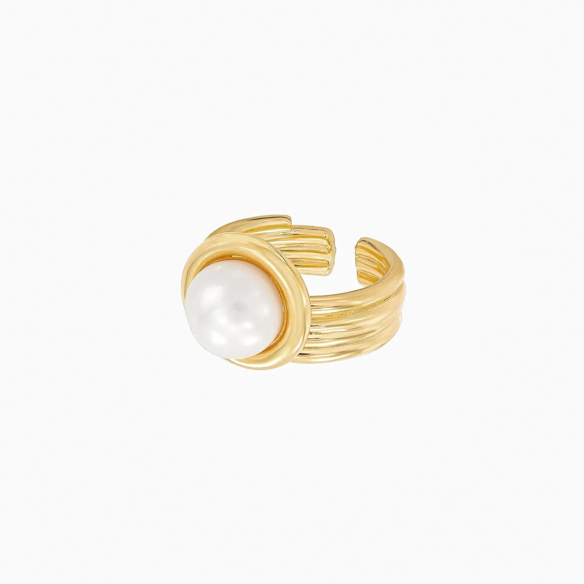 Meandro Textured Pearl Statement Adjustable Ring 14k Gold Plated Bold