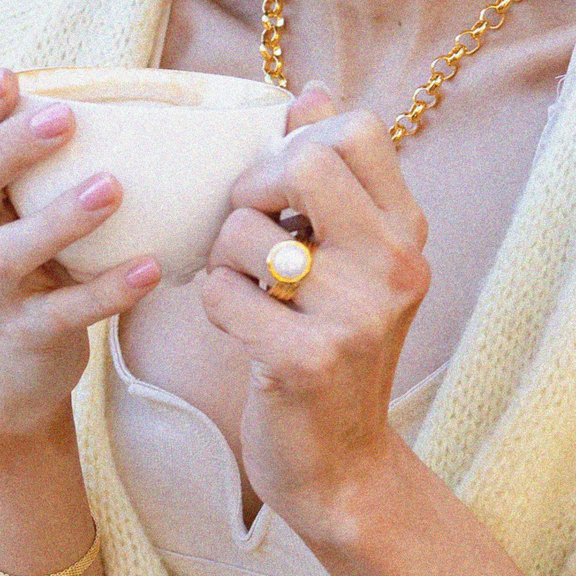 Meandro Textured Pearl Statement Adjustable Ring 14k Gold Plated Bold