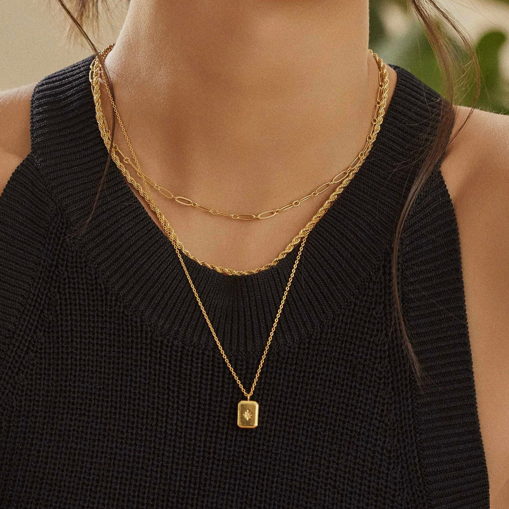 Sol Rectangle Pendant Star Engraved Necklace 14k Gold Plated Daily Wear