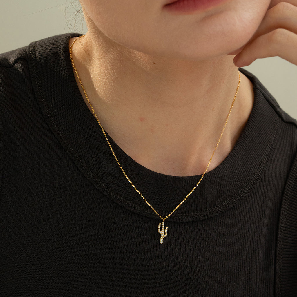 Lucy Crystal Cactus Pendant Necklace 14k Gold Plated Everyday Style