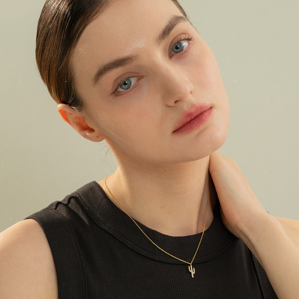 Lucy Crystal Cactus Pendant Necklace 14k Gold Plated Everyday Style