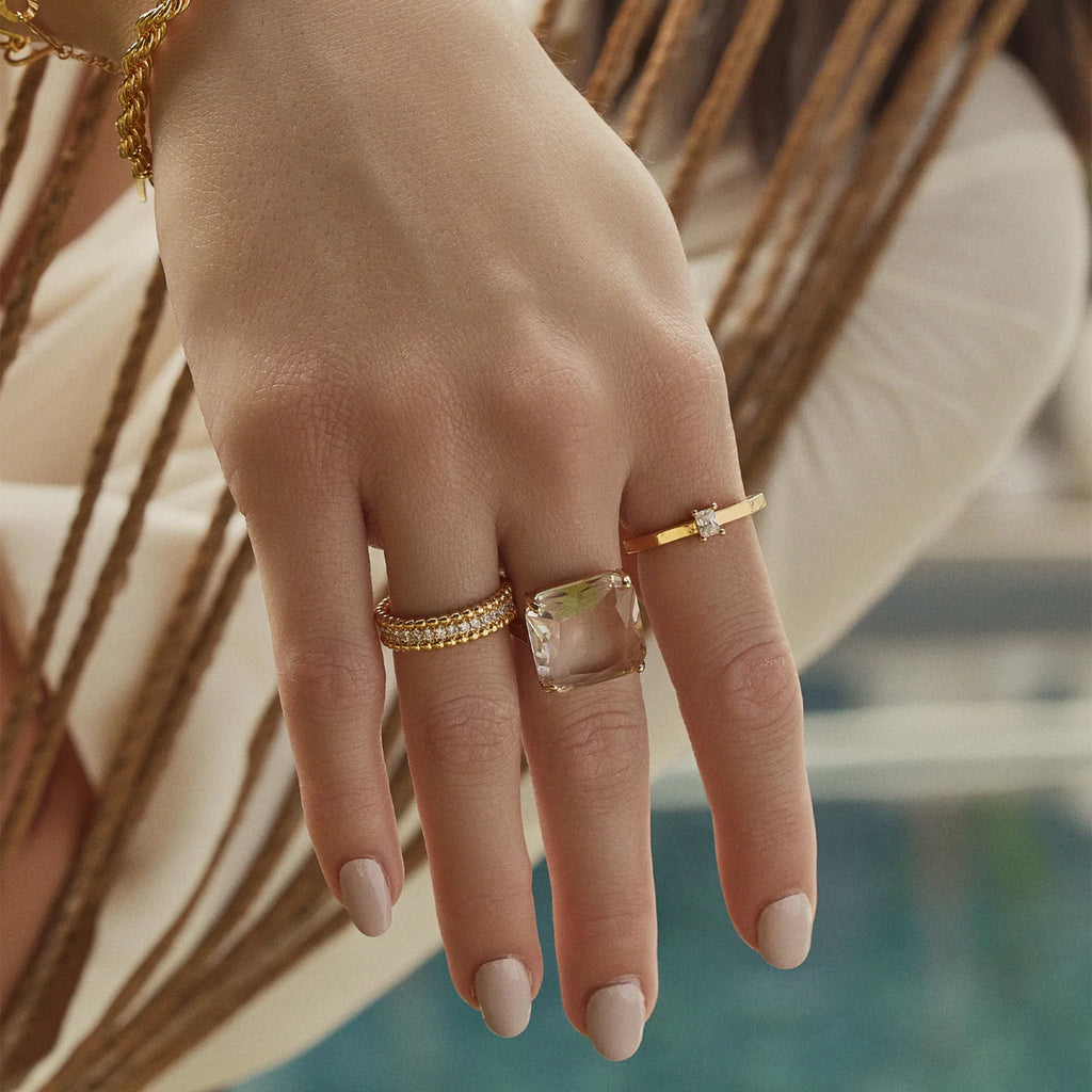 Terry Crystal Stone Geometric Adjustable Ring 14k Gold Plated Daily Wear