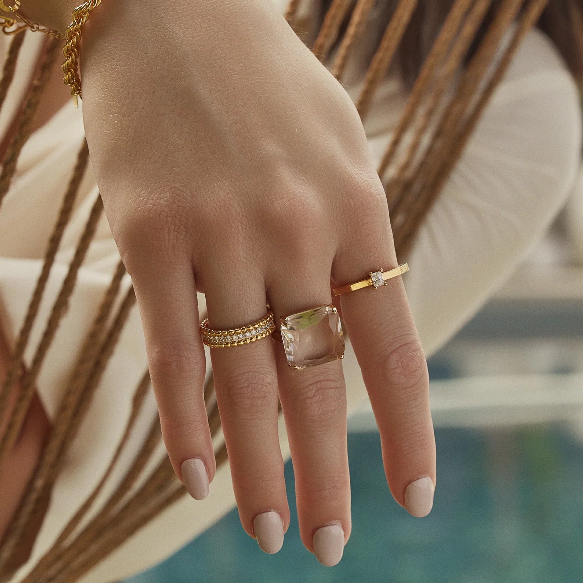 Terry Crystal Stone Geometric Adjustable Ring 14k Gold Plated Daily Wear