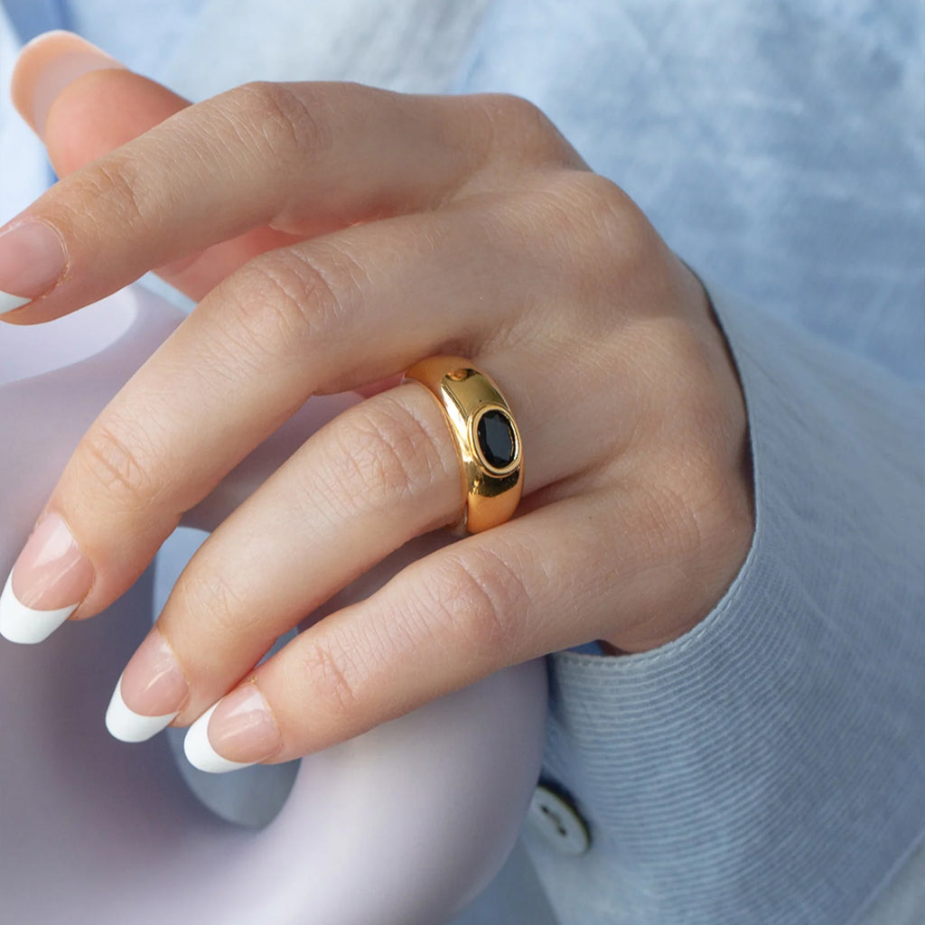 Milo Black Stone Adjustable Ring 14k Gold Plated Statement Piece